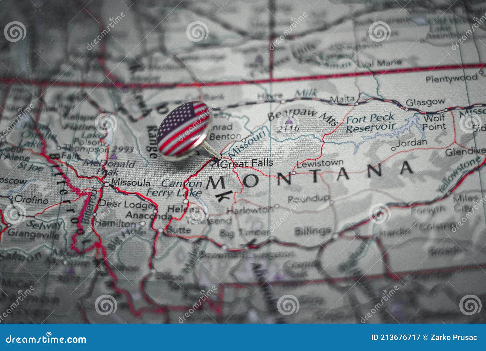 great falls, montana pinned on a map with usa flag