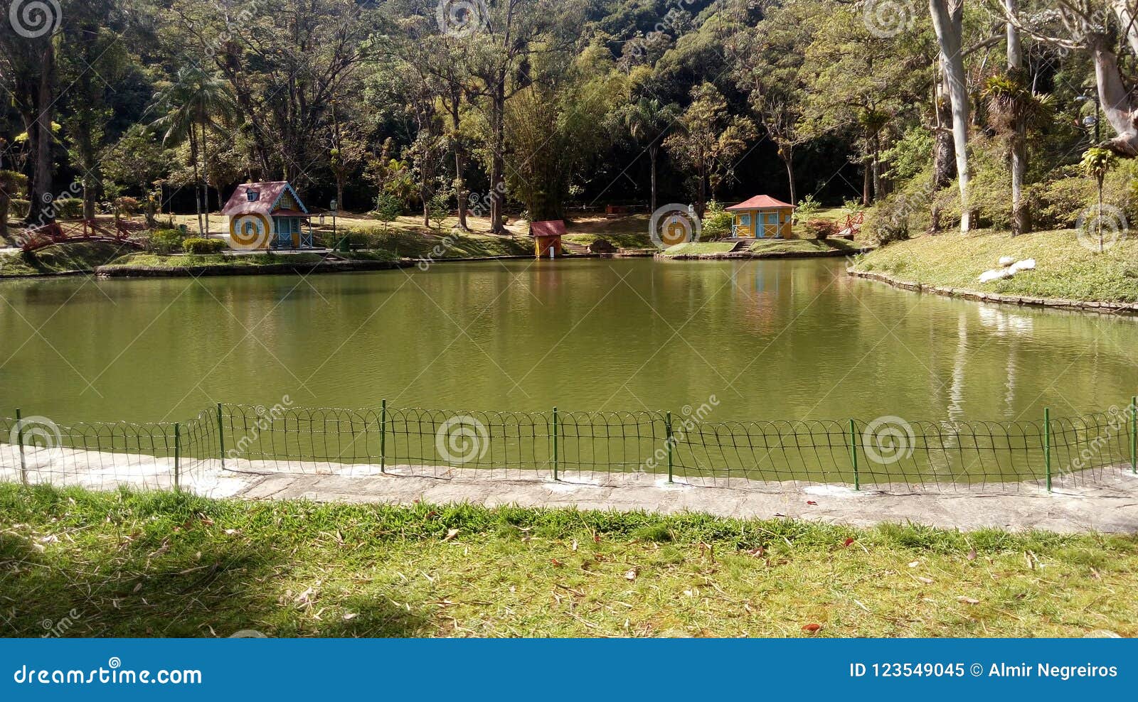 great green lake located at the atlantic mata fenced with trees and plants with ponte cerca and children`s casinhas, petropolis ri