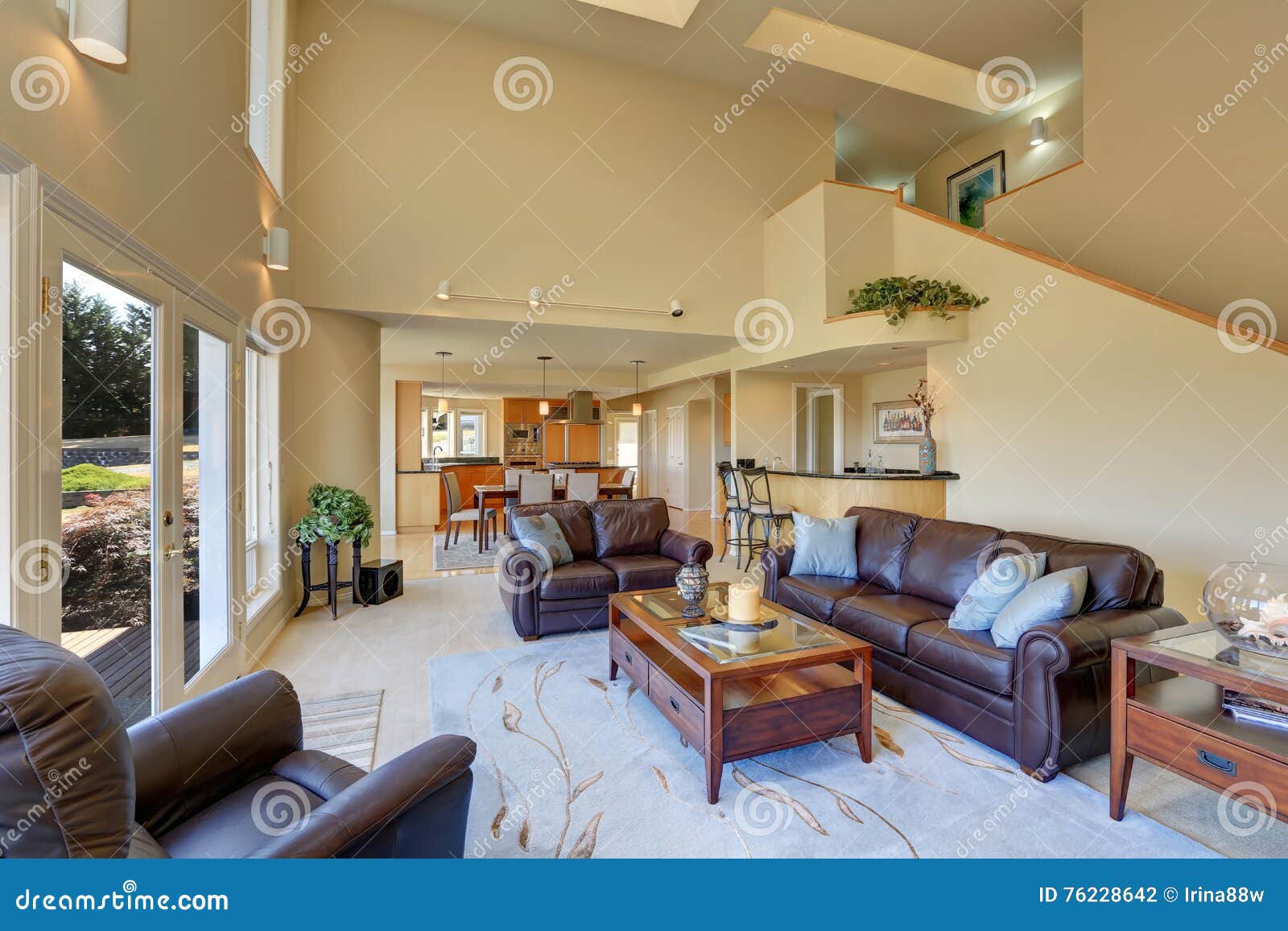 Great Living Room Interior With High Vaulted Ceiling Stock