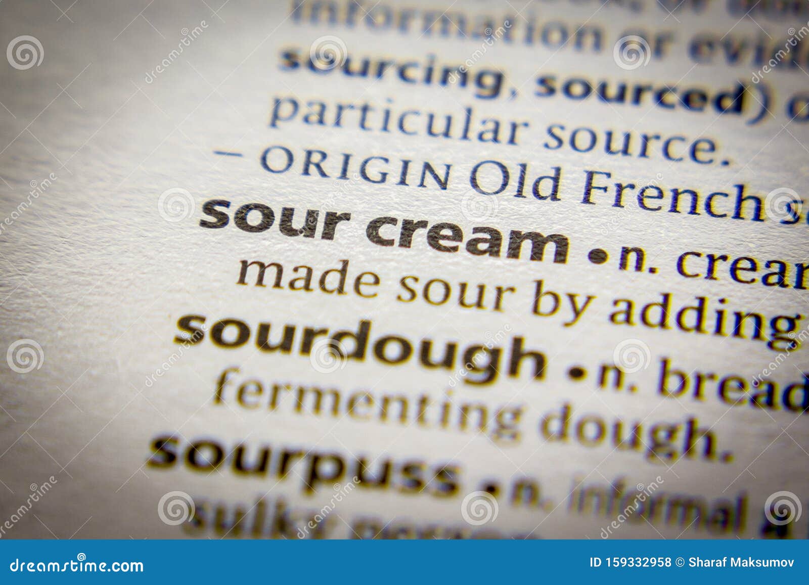 Word or Phrase Sour Cream in a Dictionary Stock Photo Image of paper
