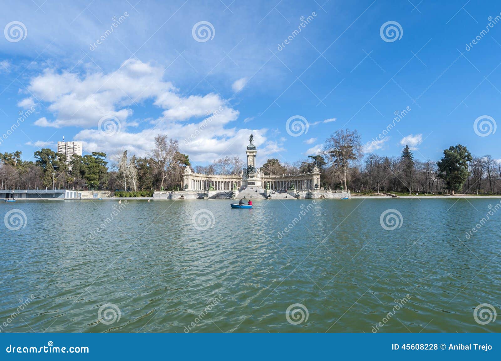 the great pond on retiro park in madrid, spain.