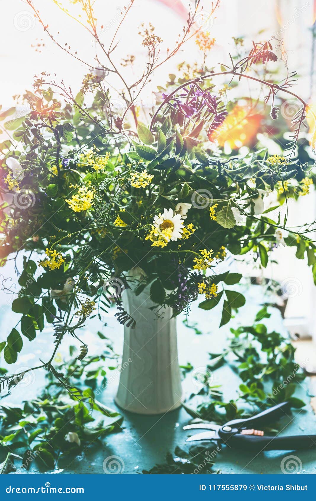 Great Summer Wild Flowers Bouquet In White Vase On Table In Living Great Summer Wild Flowers Bouquet In White Vase On Table In Living