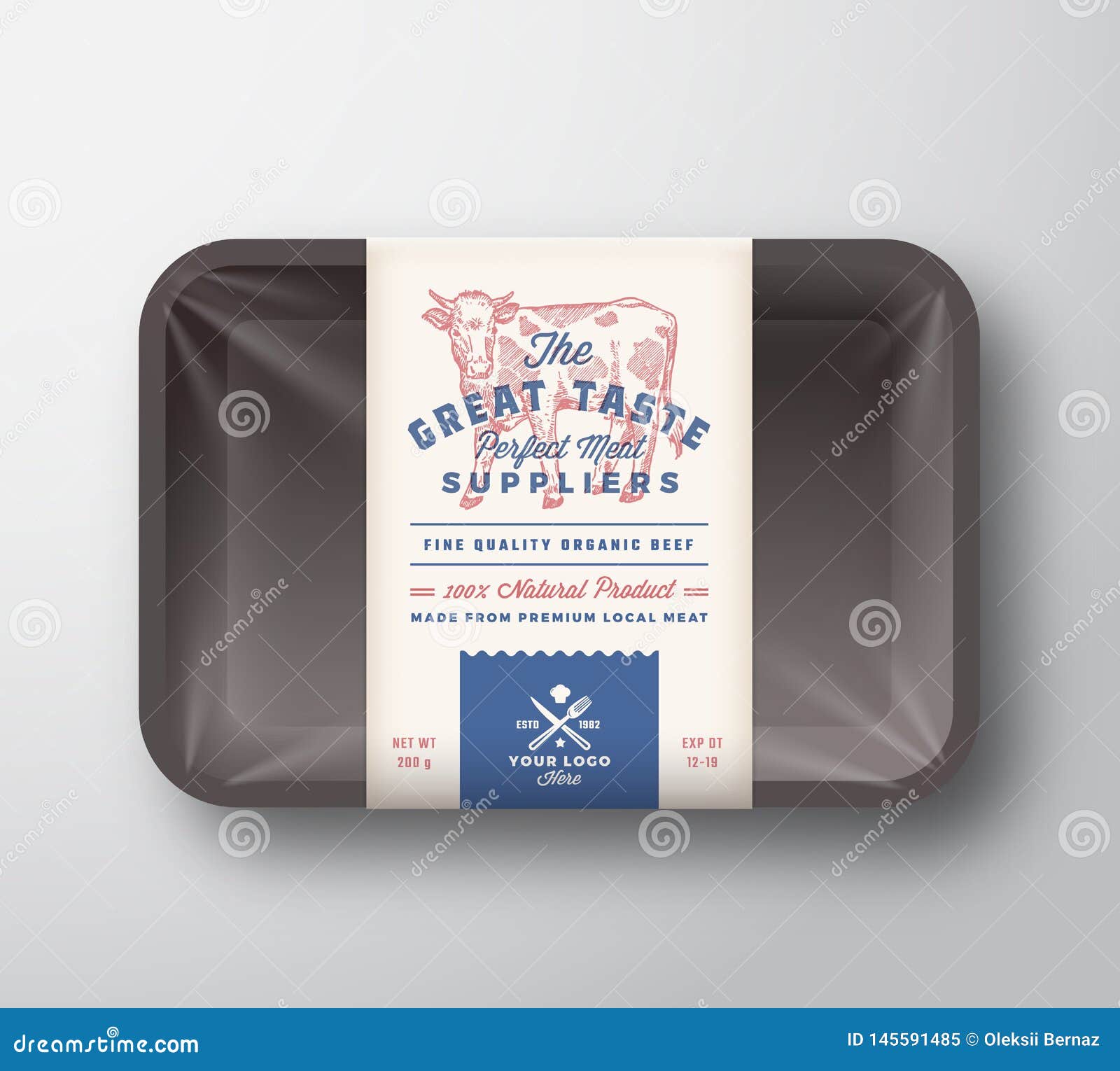 Great Taste Beef. Abstract Vector Meat Plastic Tray Container with