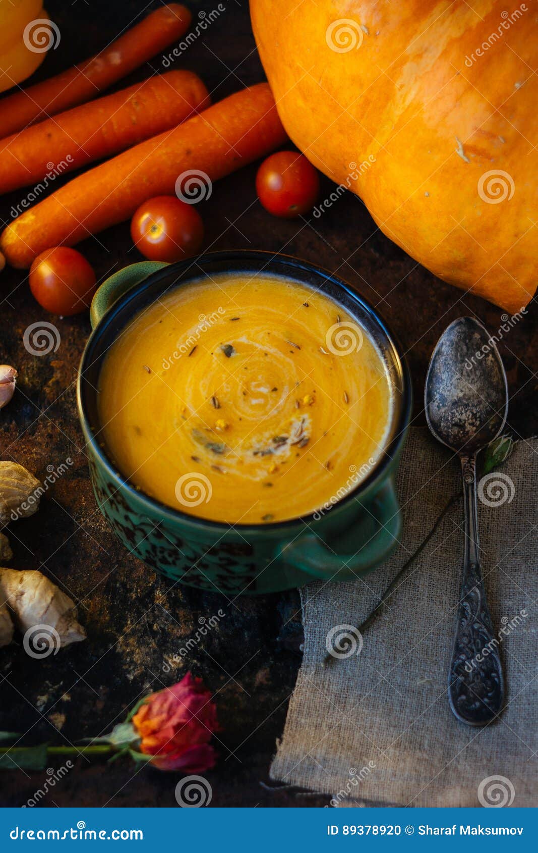 Great Vegetable Cream Soup with Ginger Root. Stock Photo Image of