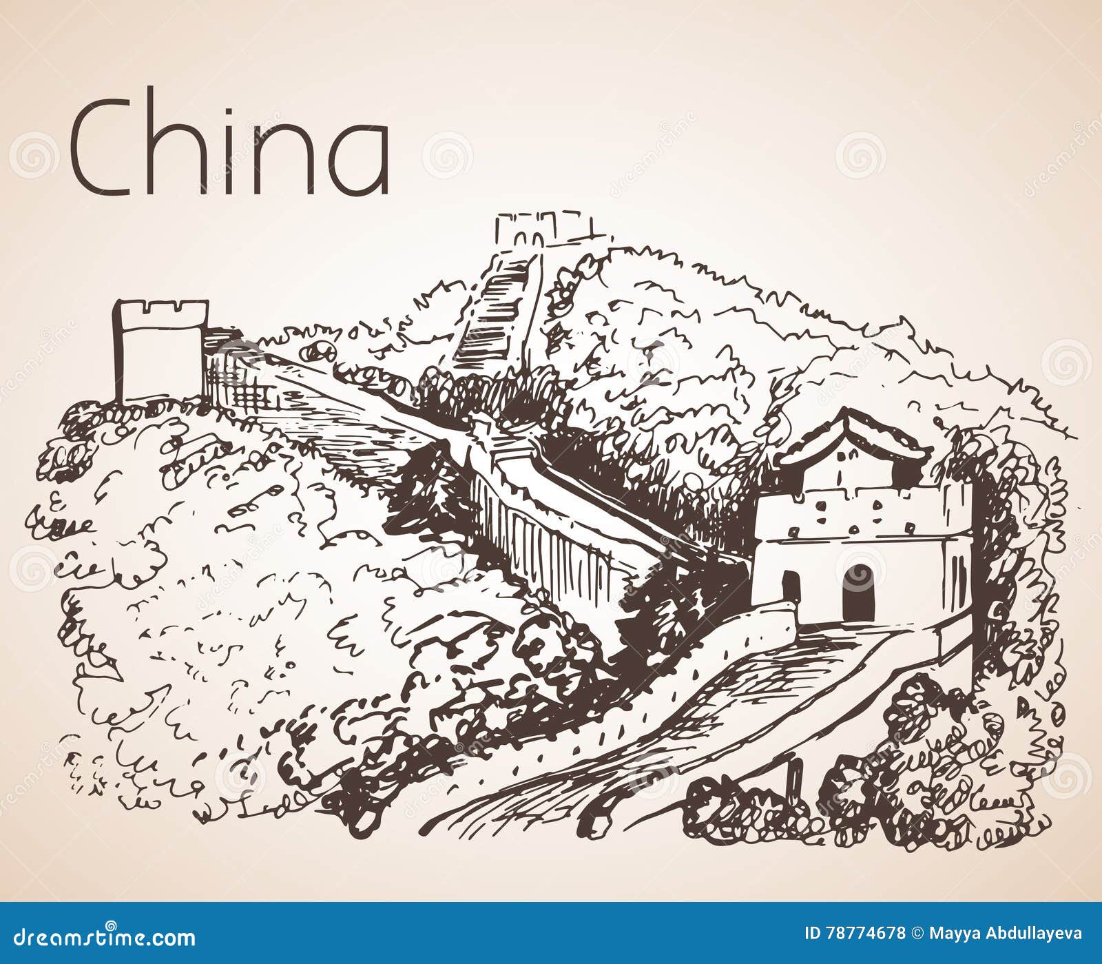 Great Wall - China Attraction. Sketch. Stock Vector - Illustration of