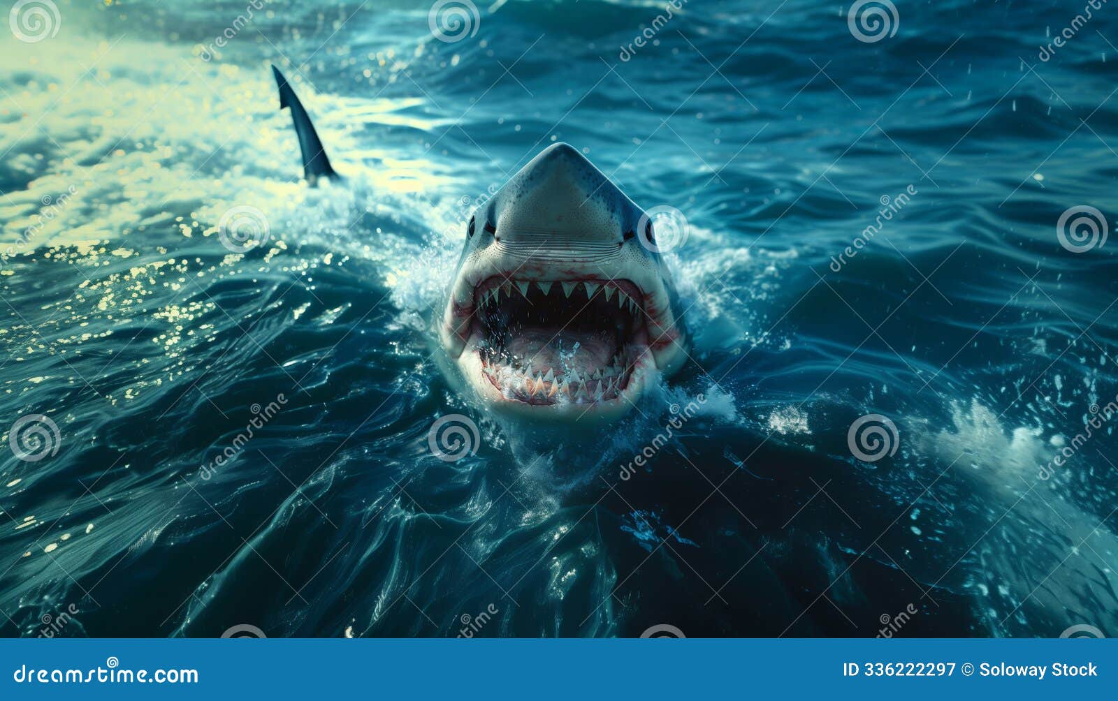 great white menace: apex predator with razor-sharp teeth lurks in ocean depths and suddenly appears up and attacking its victim.