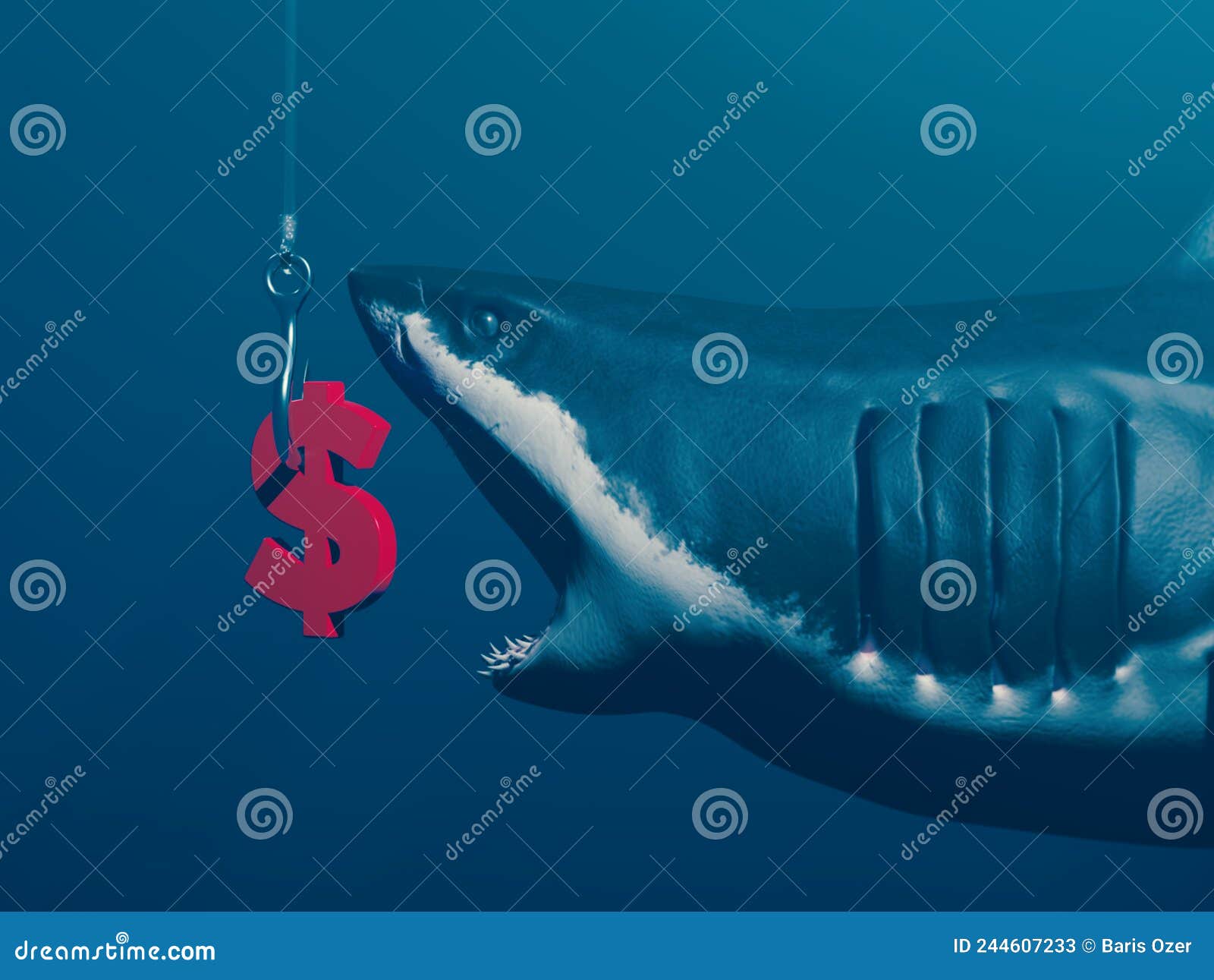 The Great White Shark, the Red-colored Dollar Symbol, and the Fishing Rod.  Stock Illustration - Illustration of large, market: 244607233