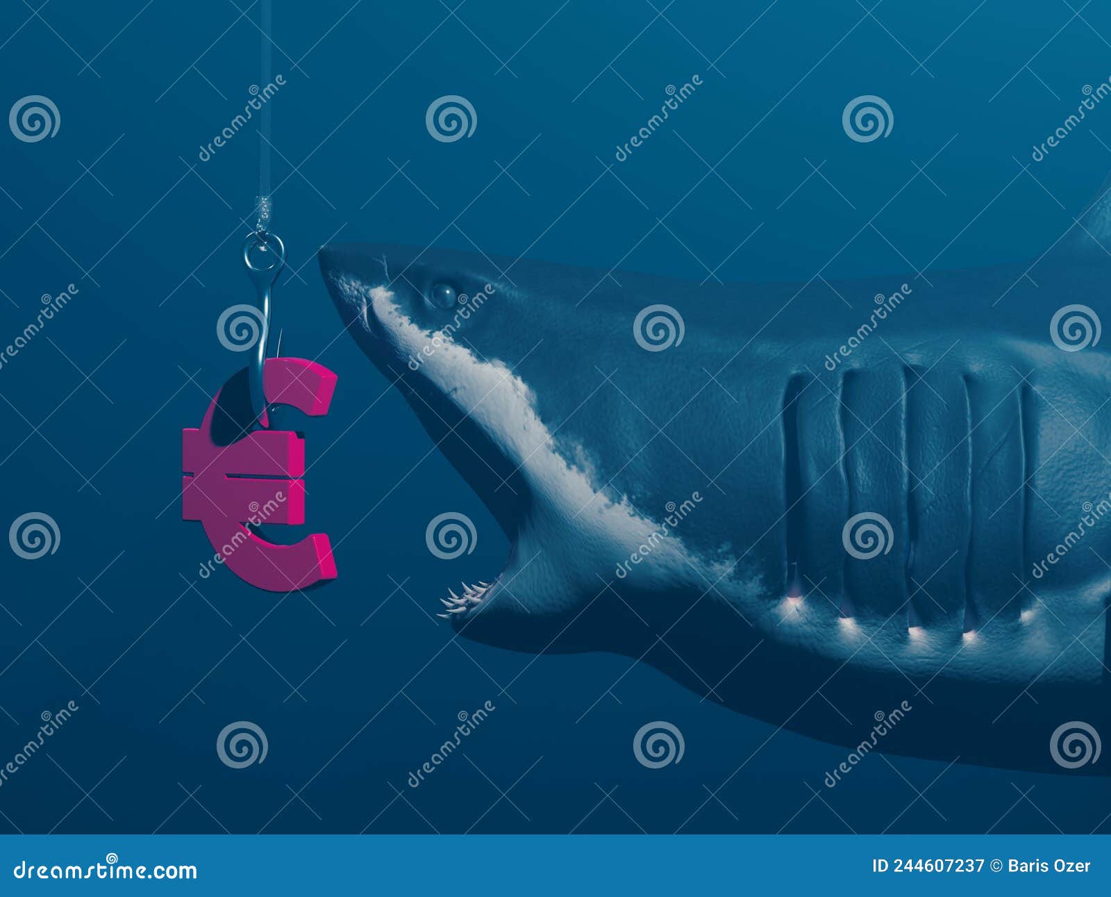 The Great White Shark, the Red-colored Euro Symbol, and the Fishing Rod.  Stock Illustration - Illustration of blue, euro: 244607237