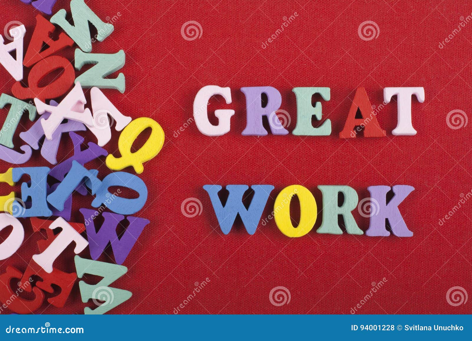 great work word on red background composed from colorful abc