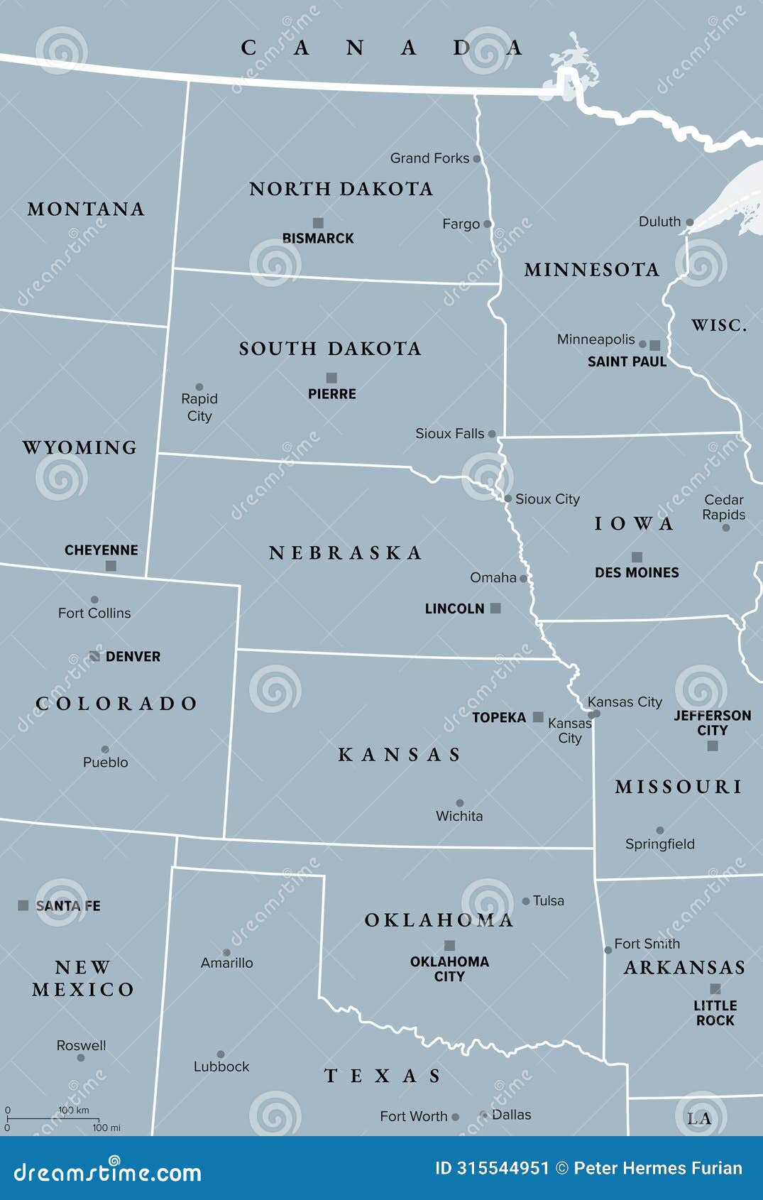 great plains region of the united states, gray political map