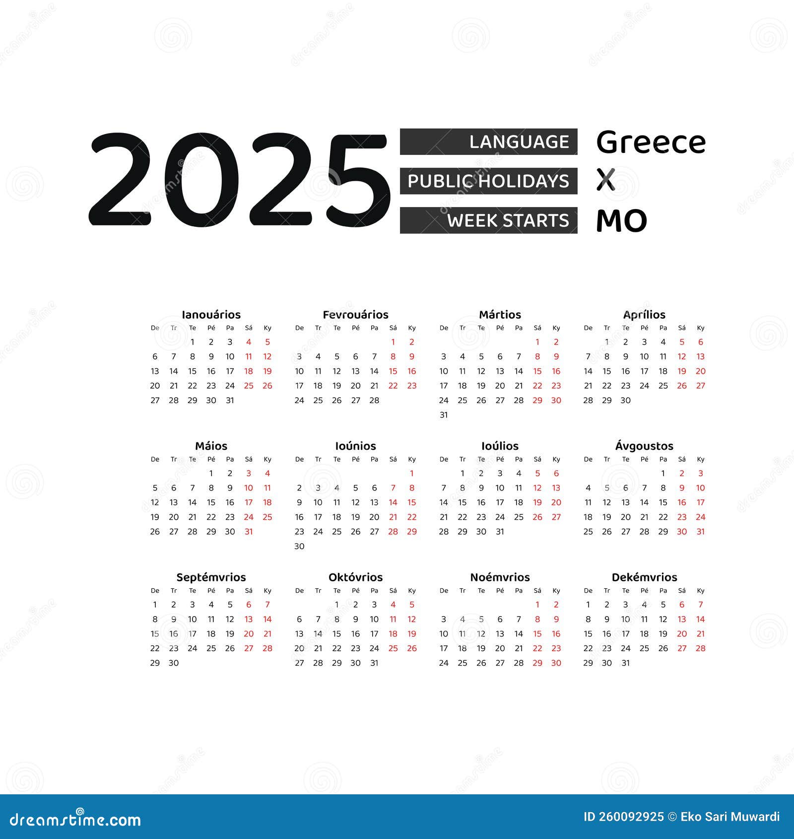 greece-calendar-2025-week-starts-from-monday-vector-graphic-design-stock-vector-illustration