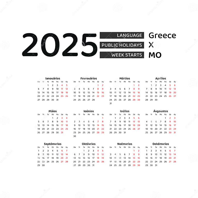 Greece Calendar 2025. Week Starts from Monday. Vector Graphic Design