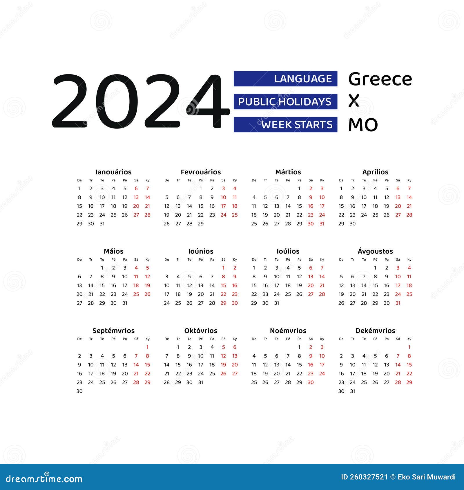 Greece Calendar 2024. Week Starts from Monday. Vector Graphic Design