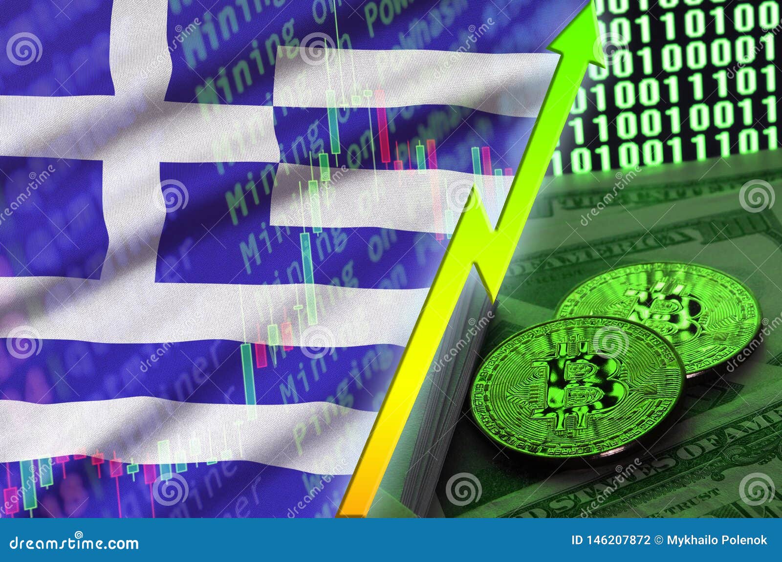 Greece Flag and Cryptocurrency Growing Trend with Two Bitcoins on Dollar  Bills and Binary Code Display Stock Illustration - Illustration of  hellenic, arrow: 146207872
