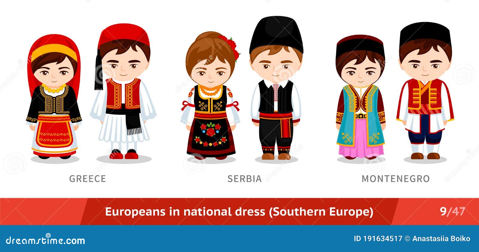 greece, serbia, montenegro. men and women in national dress.