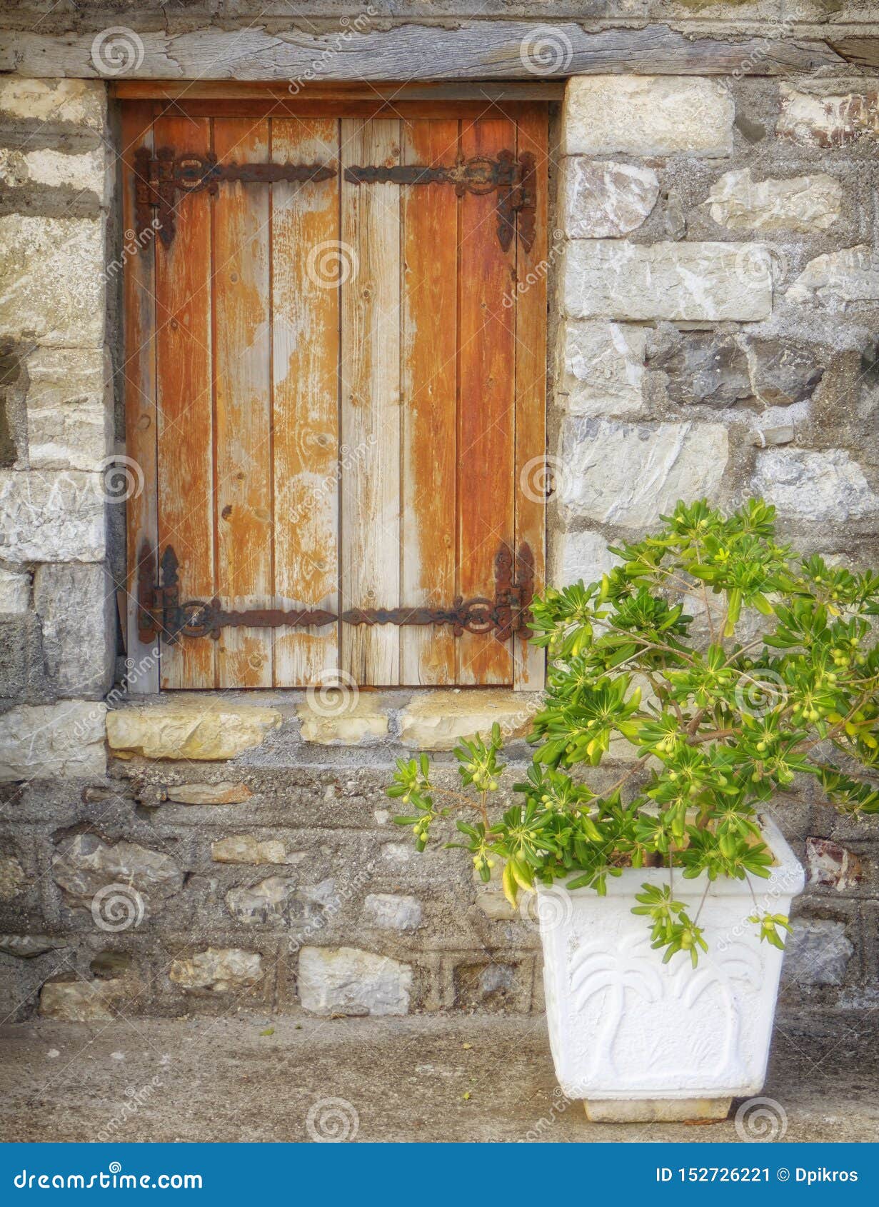 Greece, Wooden Window of Traditional Stone House Stock Image - Image of ...