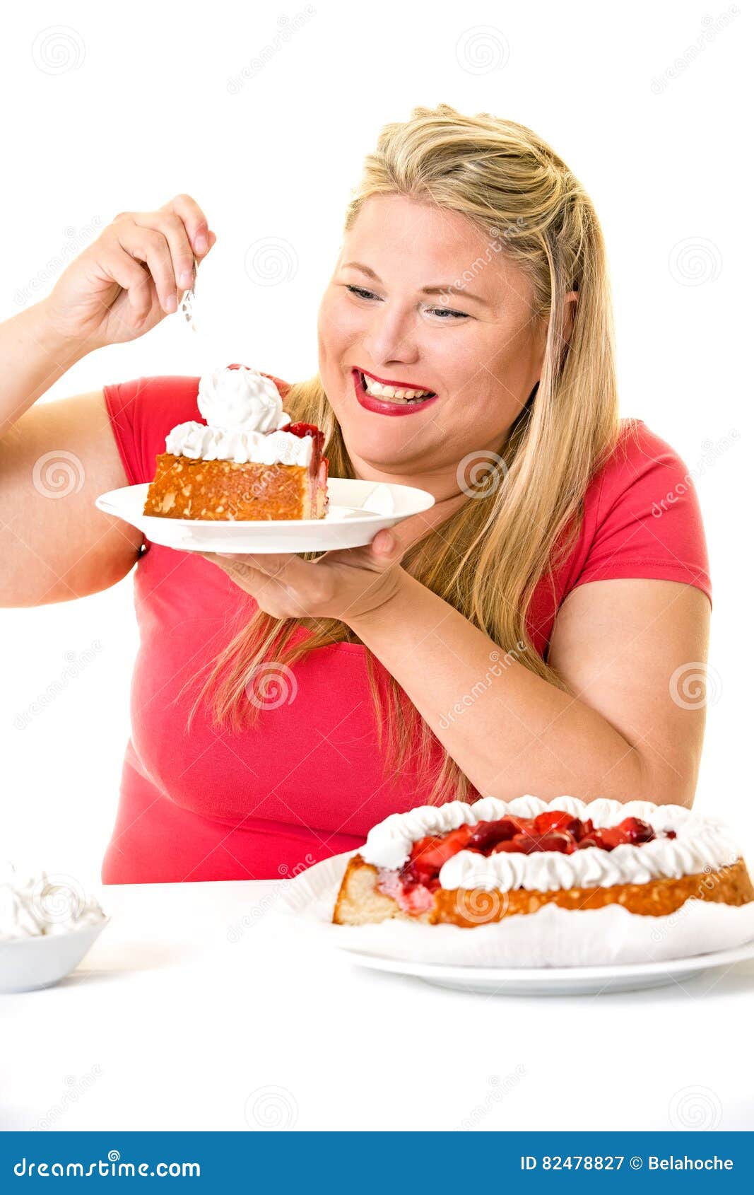 greedy blond woman with fattening cream cakes