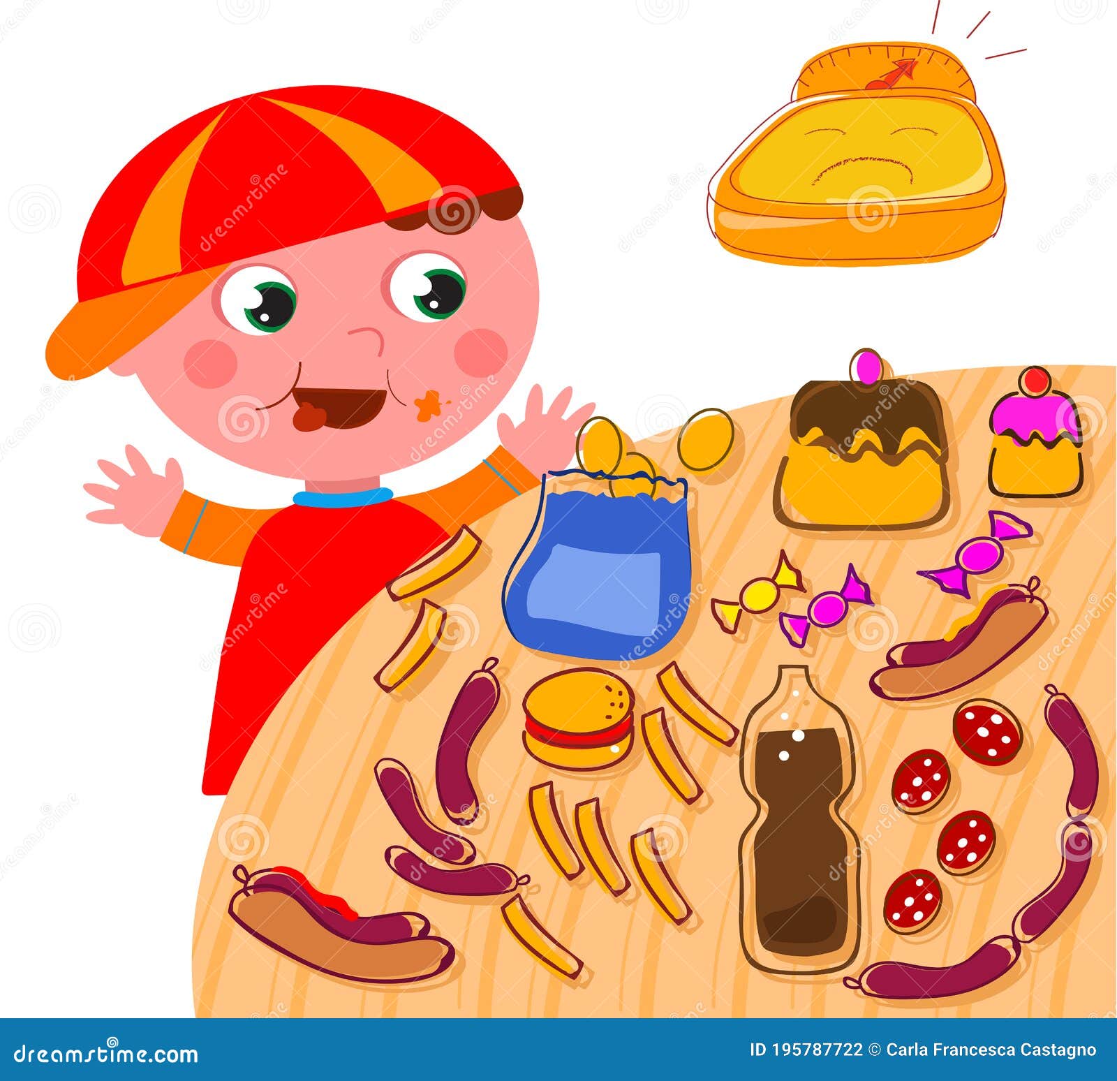 Fat Boy and Table Full of Junk Food, Illustration Stock Vector -  Illustration of eating, cartoon: 195787722