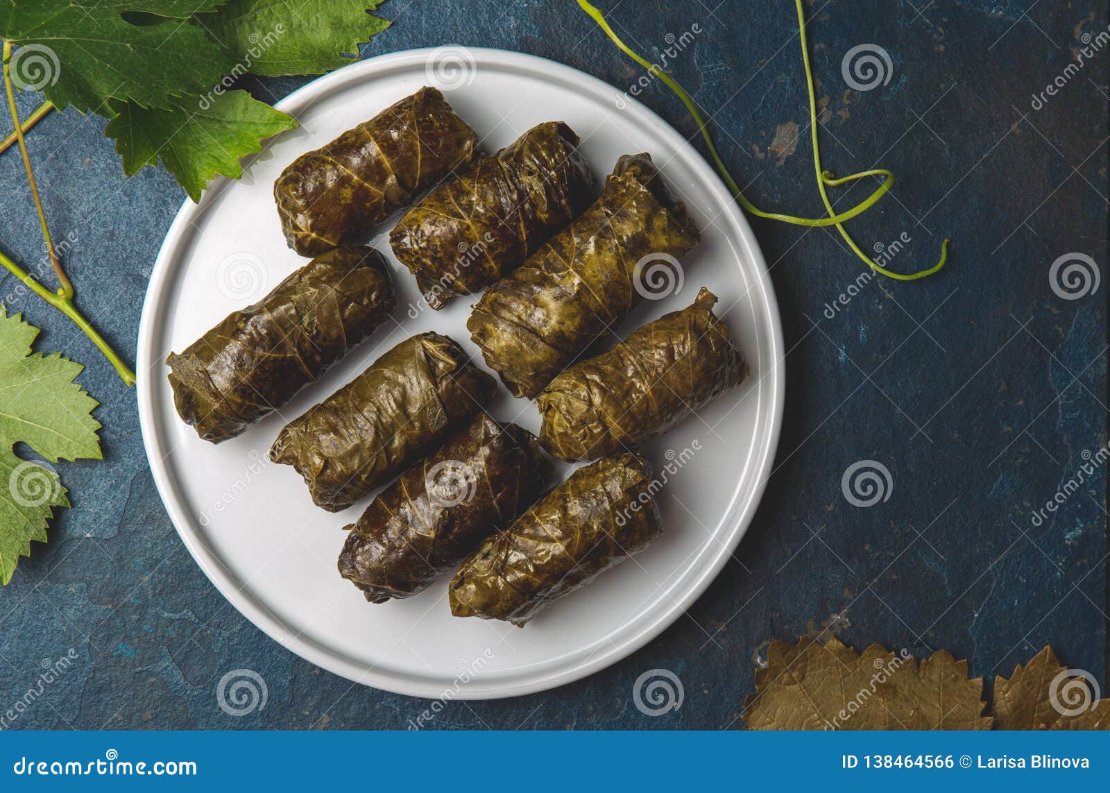 greek dolmadakia. rice and meat wrapped in grape leaves. white plate, blue background