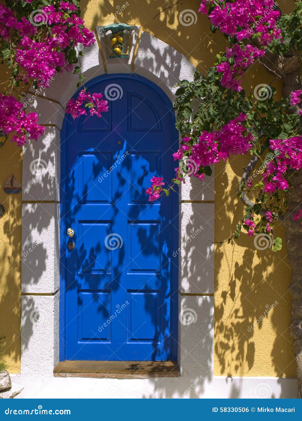 Blue Door in Greece with Purple Flower Stock Photo Image of glass