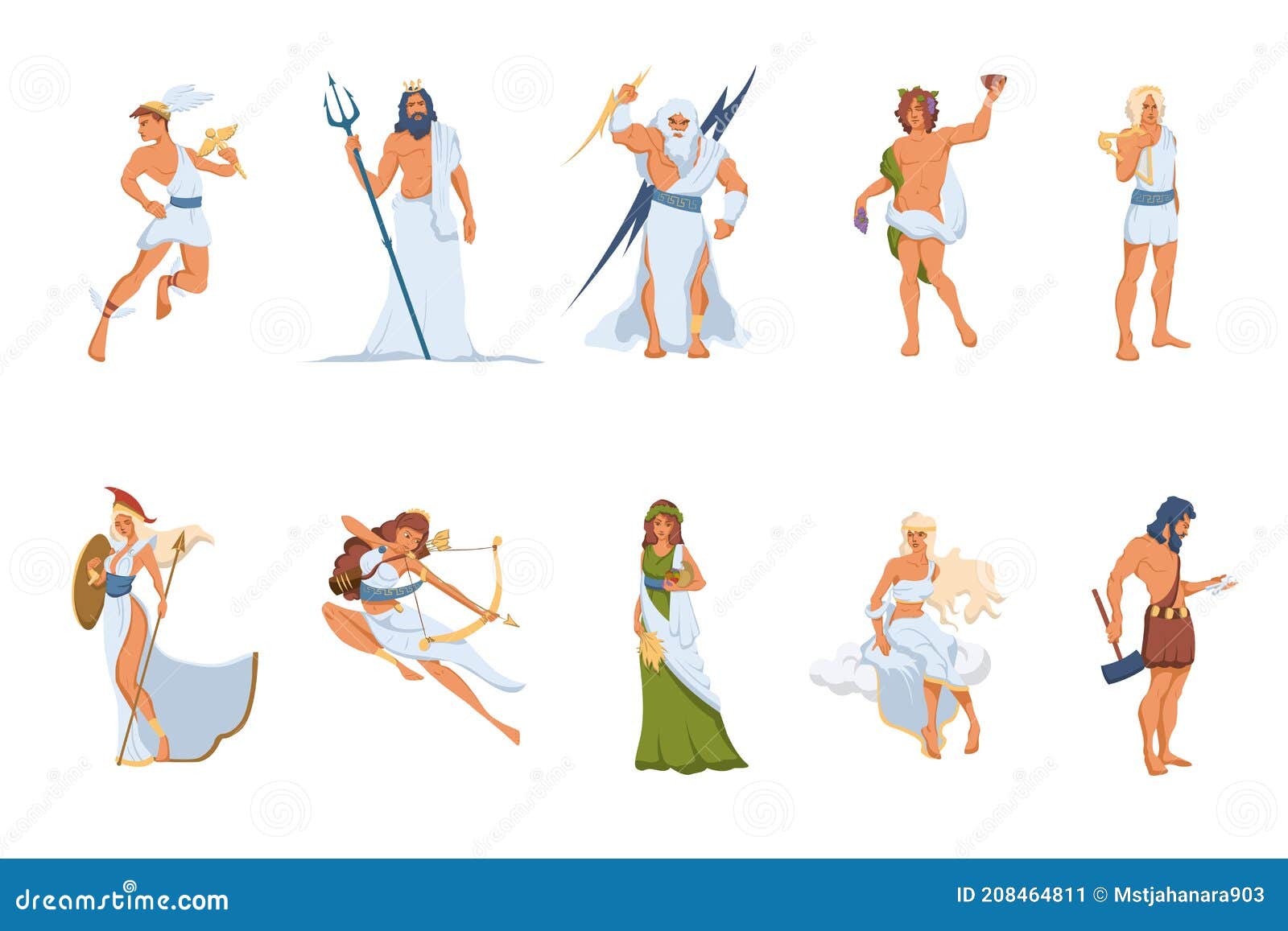 Olympian God And Goddesses Ancient Greek Mythology Hermes Demeter And Hestia Cartoon Vector