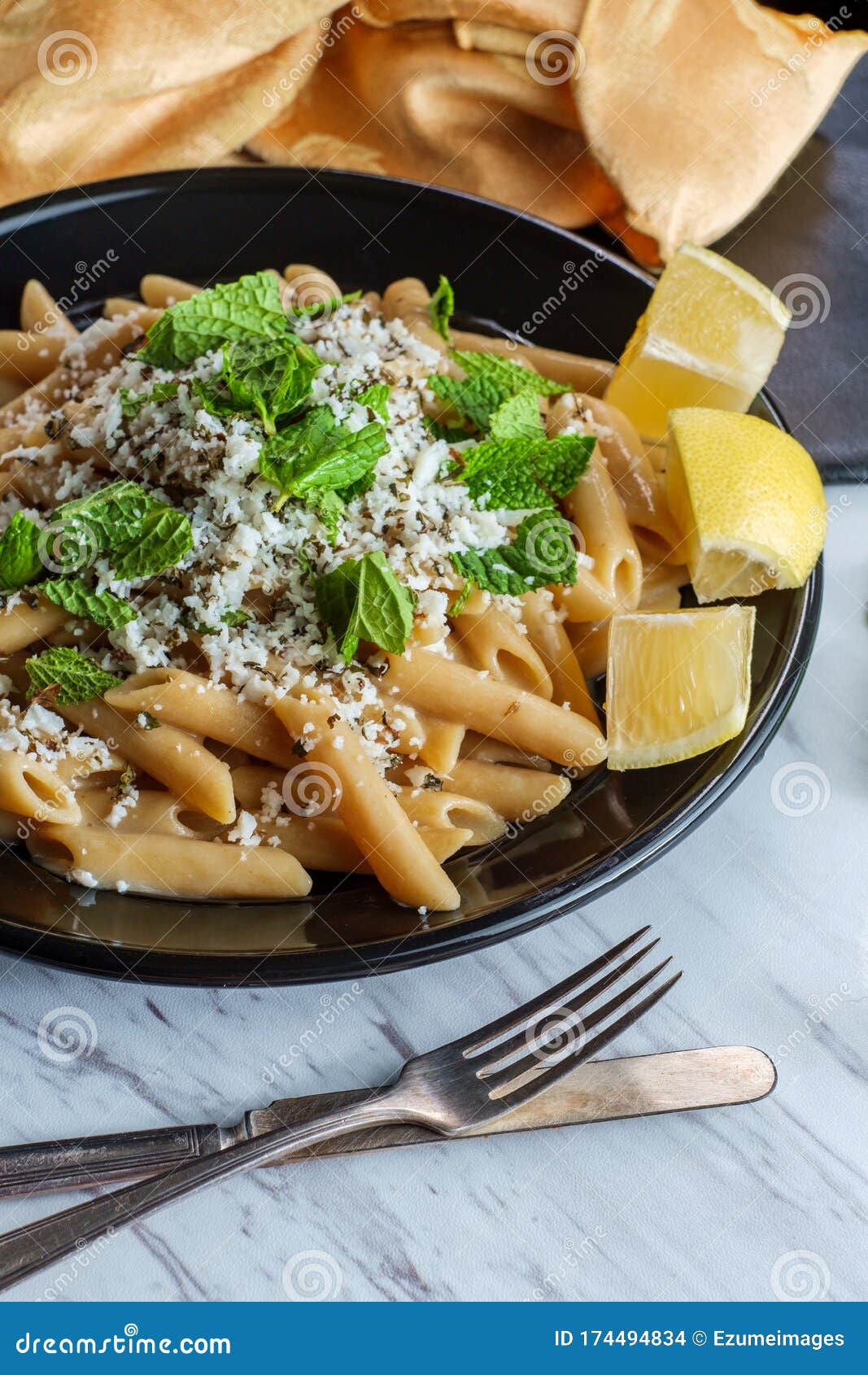 Greek Halloumi Mint Pasta stock photo. Image of dried 174494834