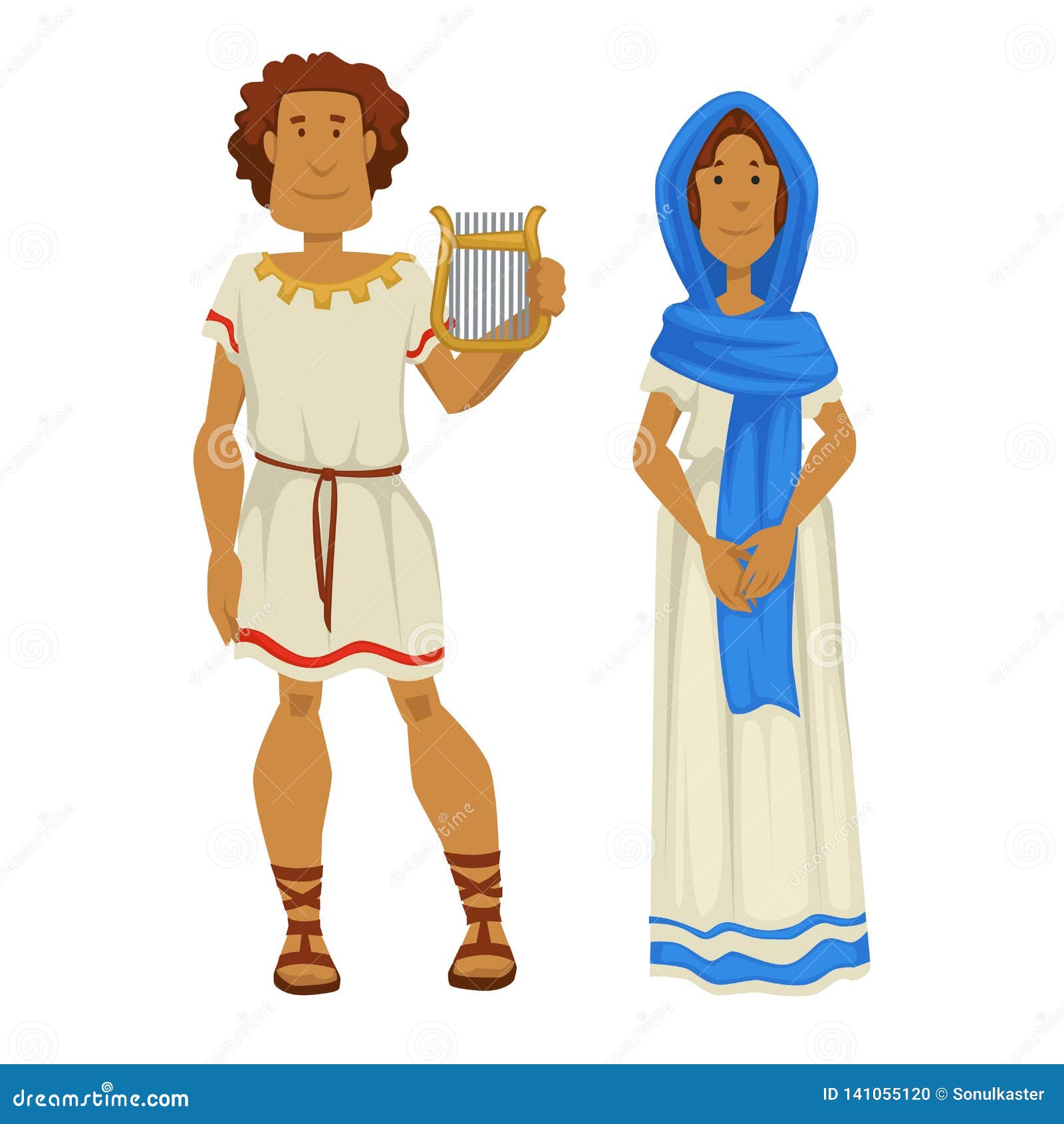 Greek Man and Woman in National Clothing with Harp Musical Instrument ...