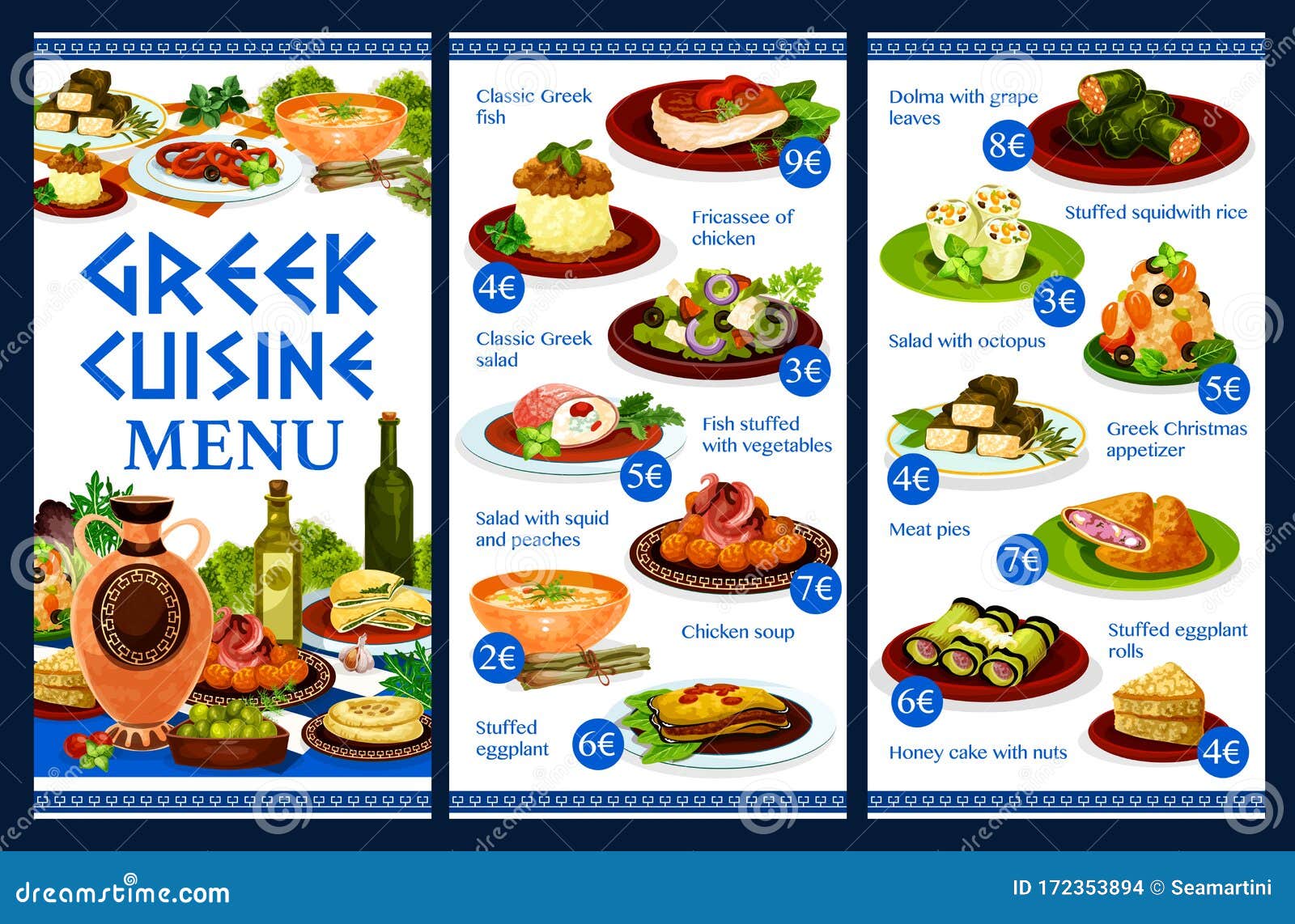 Greek Menu With Seafood, Meat, Fish And Vegetables Stock Vector