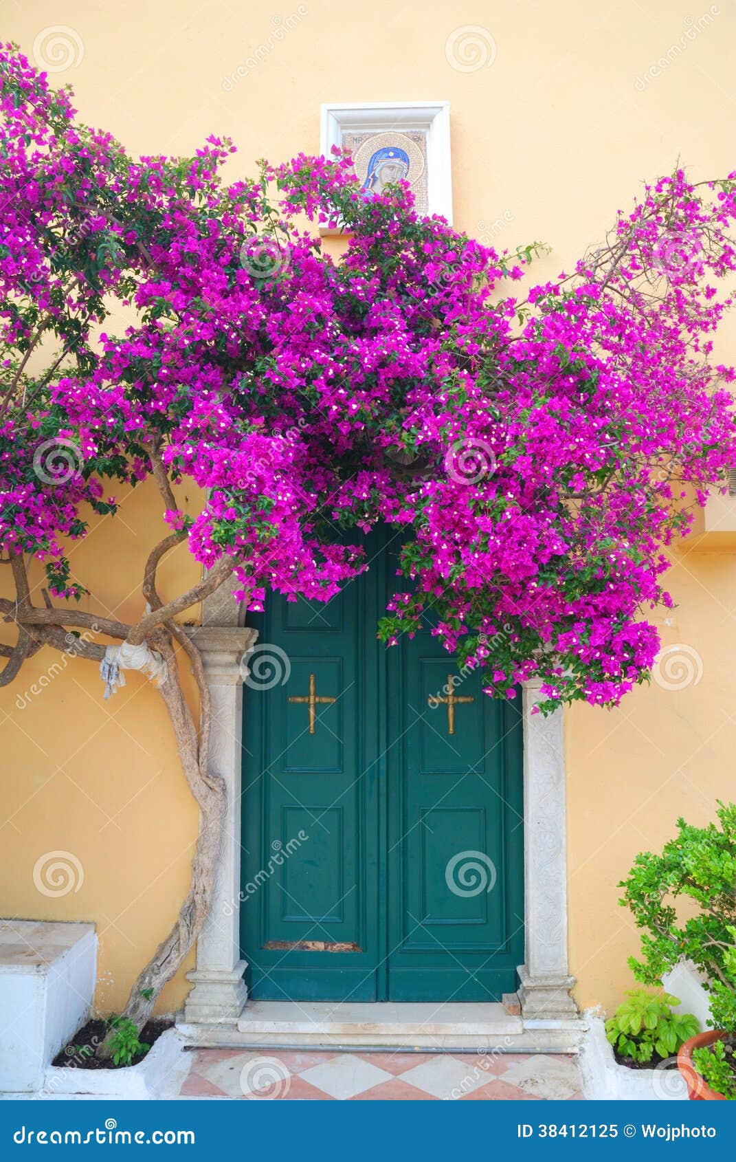 Greek Monastery Door with Flowers Stock Image - Image of decorated ...