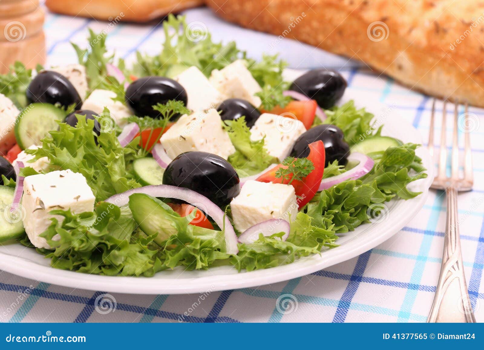 Greek Salad, Gigantic Black Olives, Sheeps Cheese, Bread Stock Image