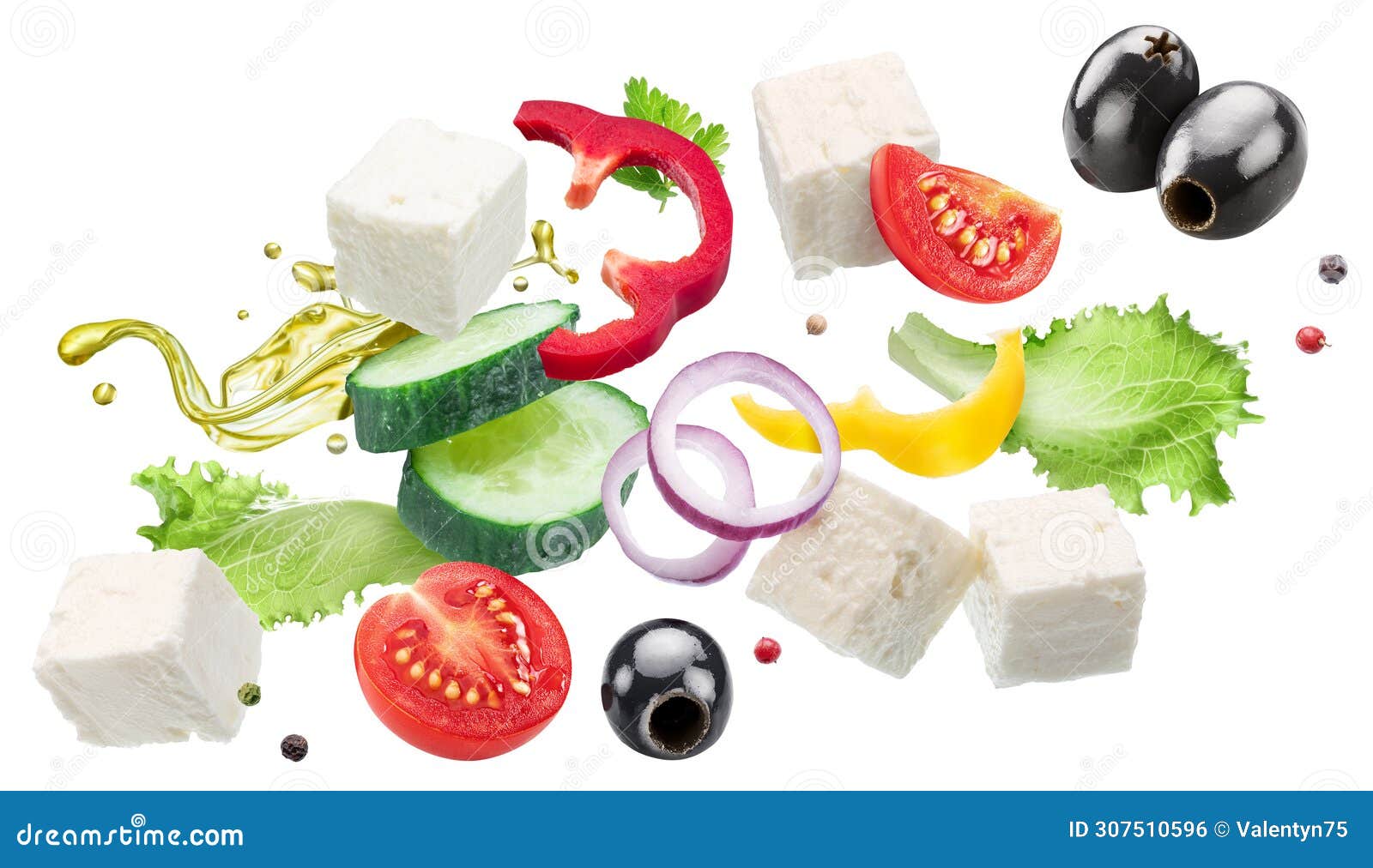 greek salad ingredients flying in air. file contains clipping paths