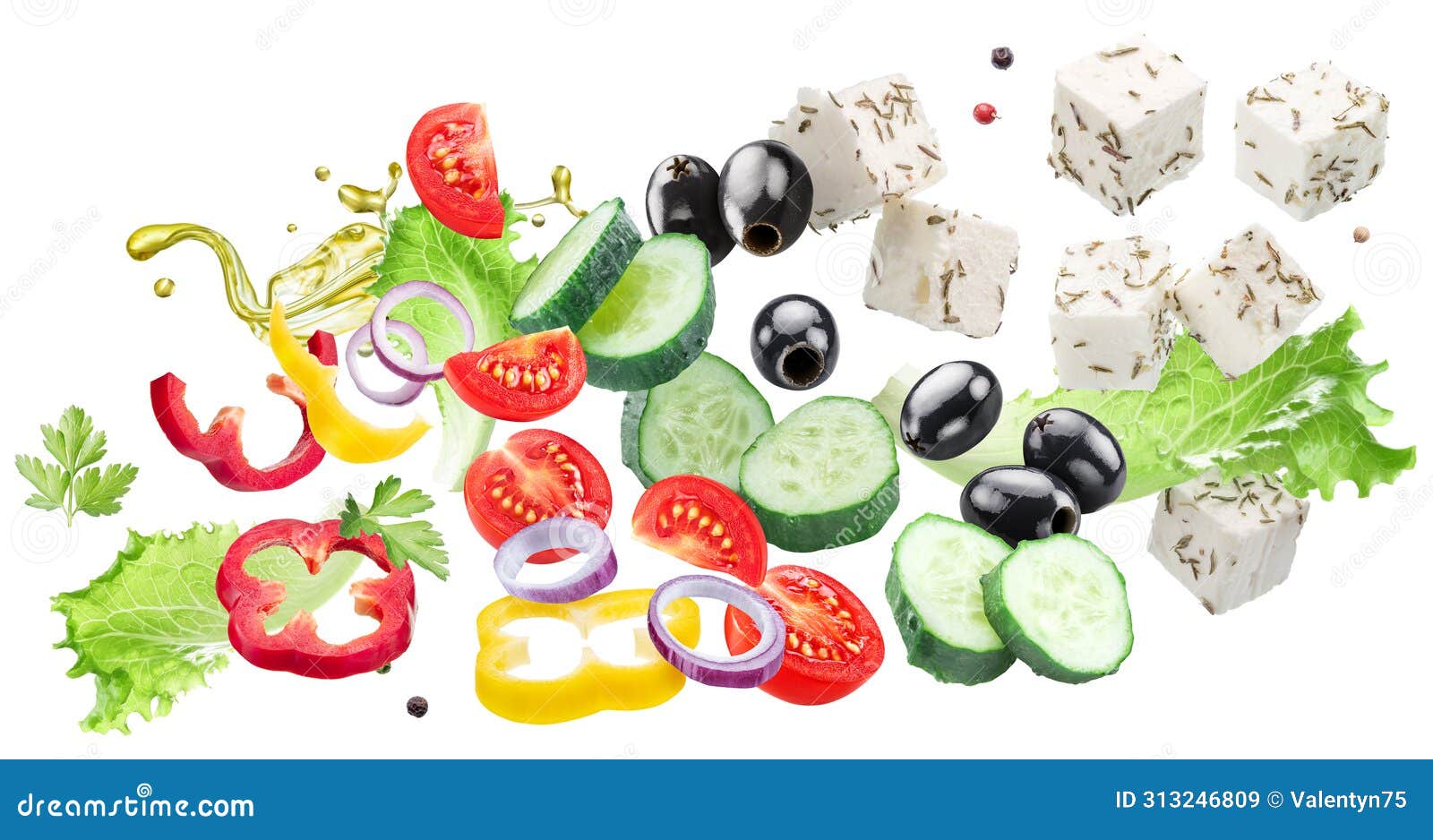 greek salad ingredients flying in air. file contains clipping paths