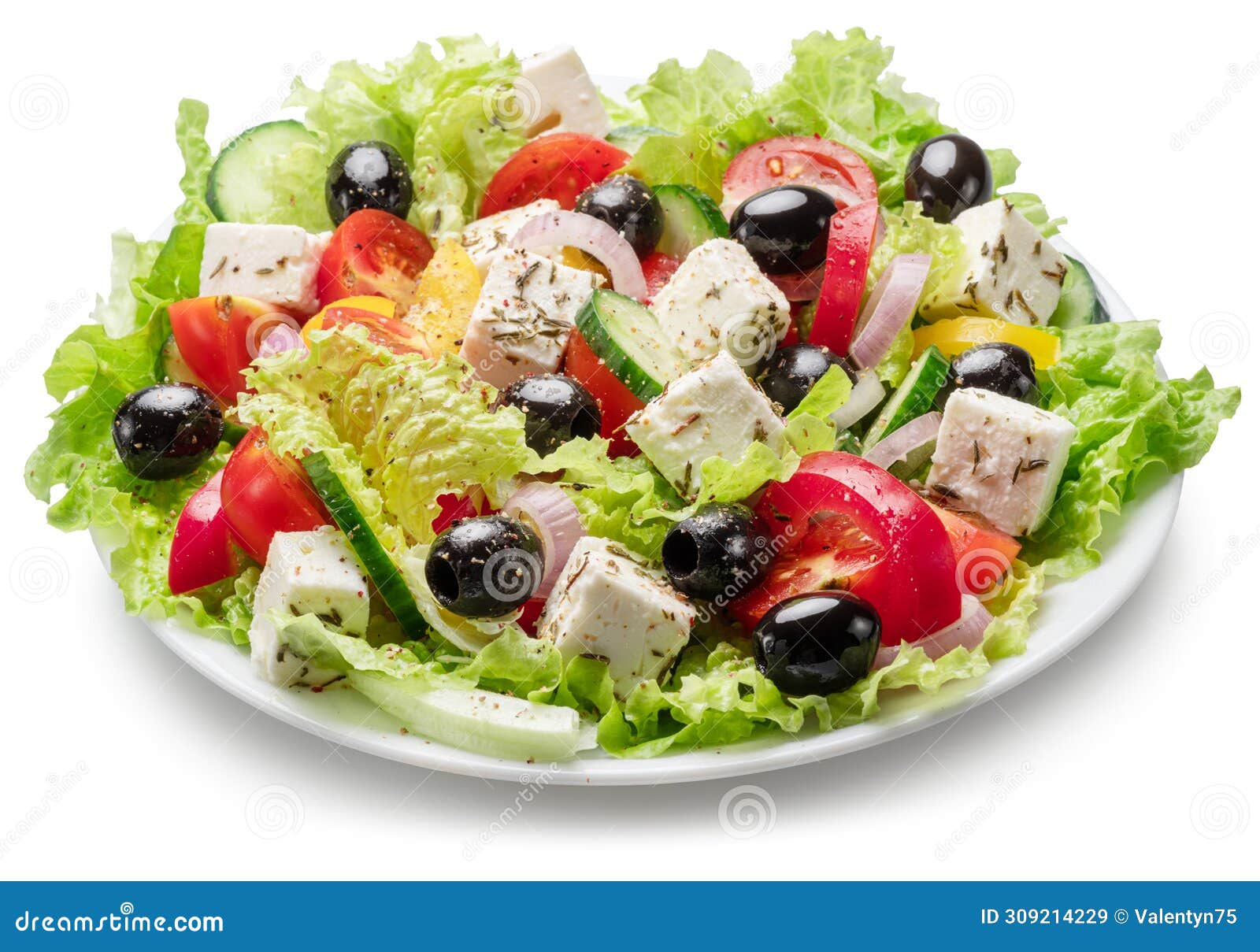 greek salad on white plate  on white background. file contains clipping path