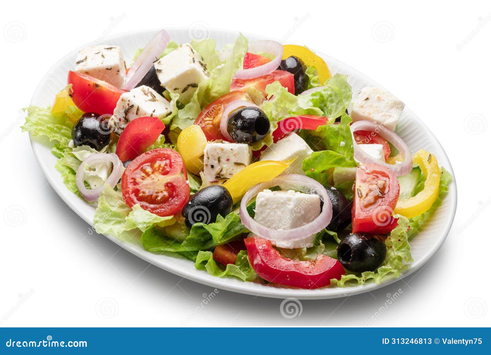 greek salad on white plate  on white background. file contains clipping path