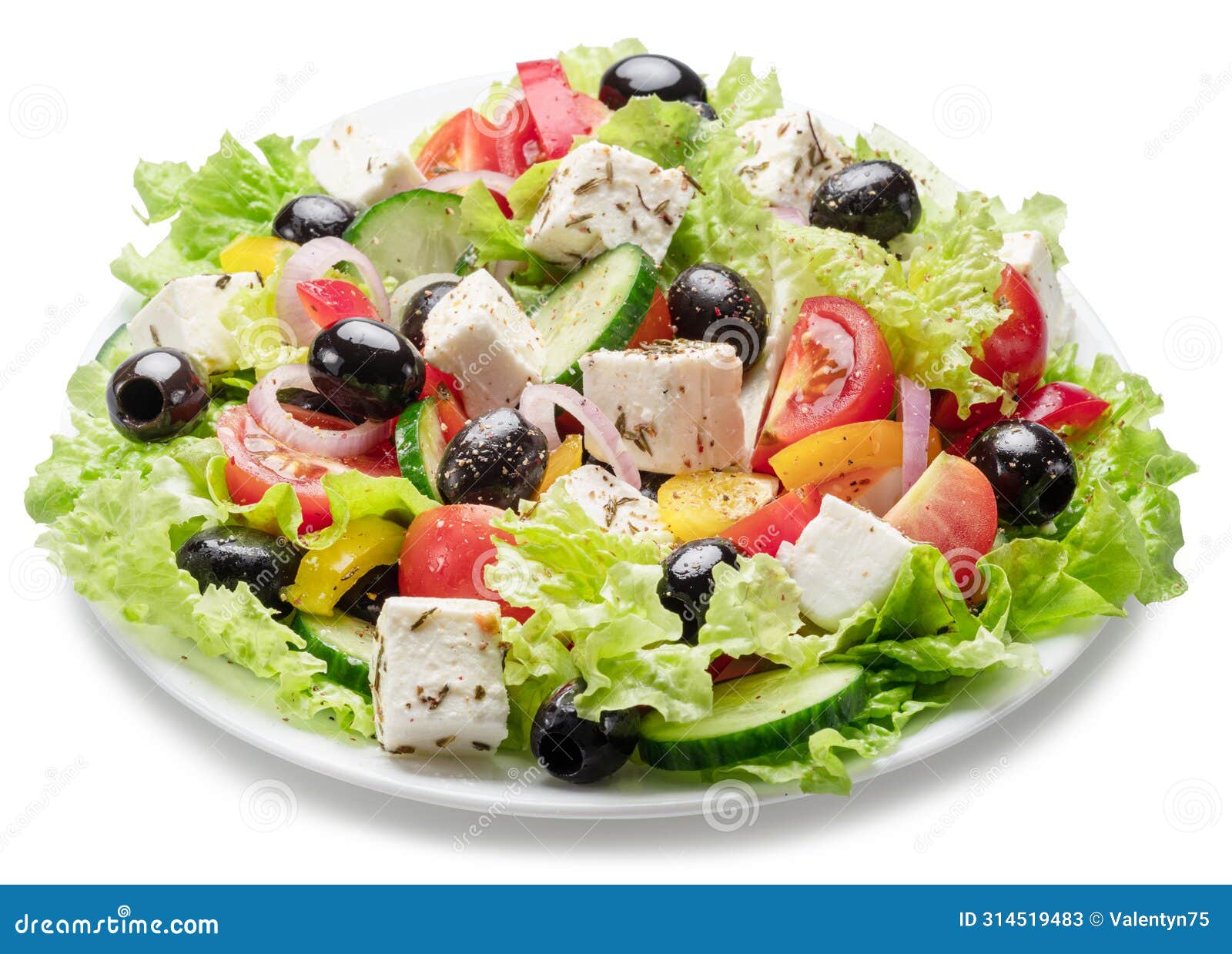 greek salad on white plate  on white background. file contains clipping path