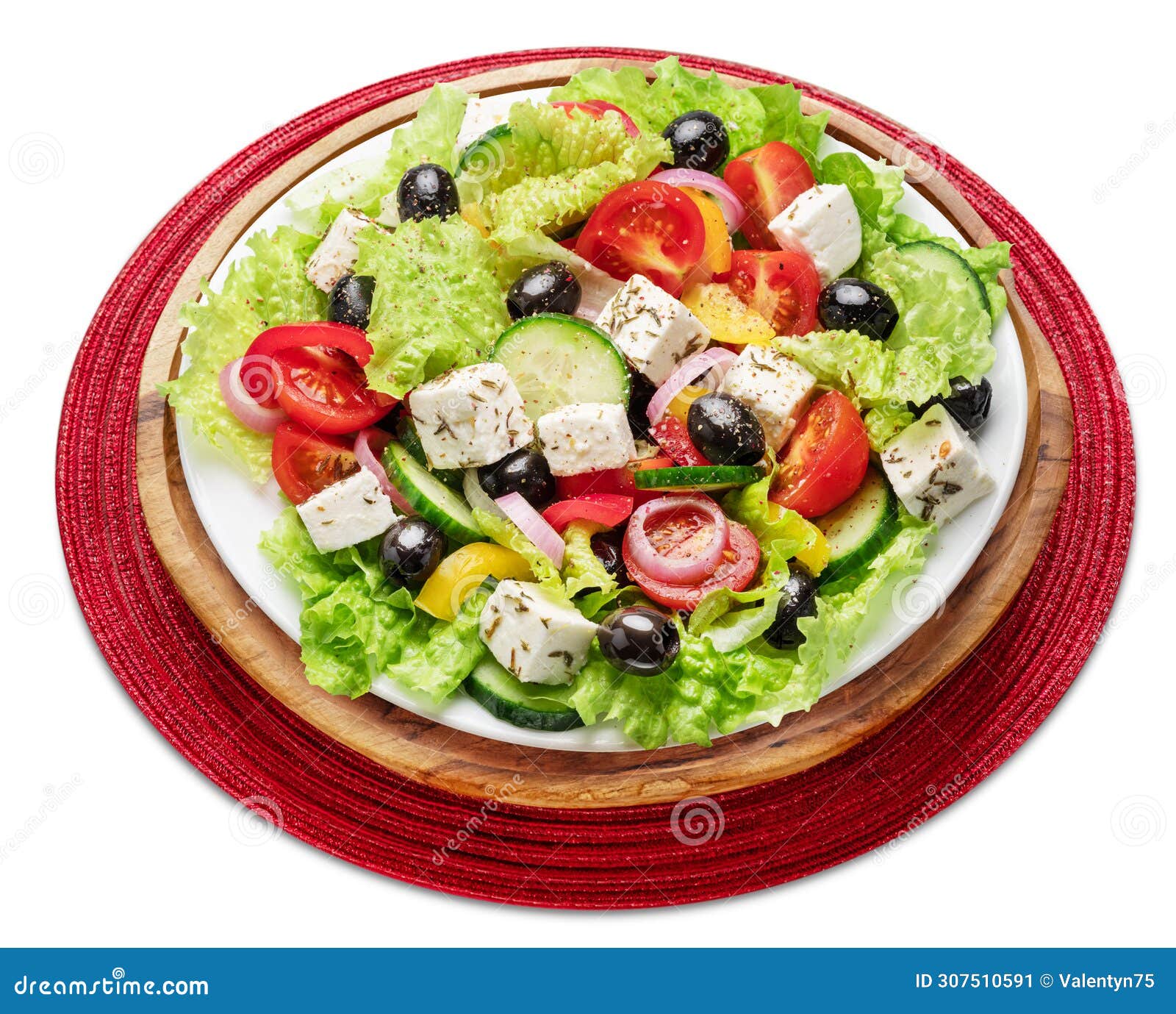 greek salad on white plate  on white background