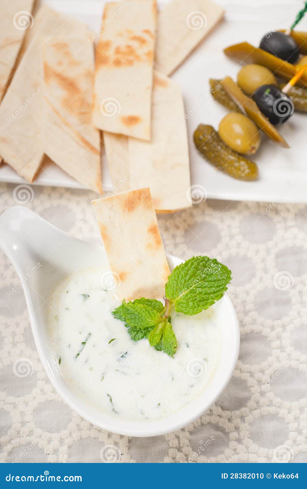Greek Tzatziki Yogurt Dip and Pita Bread Stock Photo Image of organic, garlic 28382010