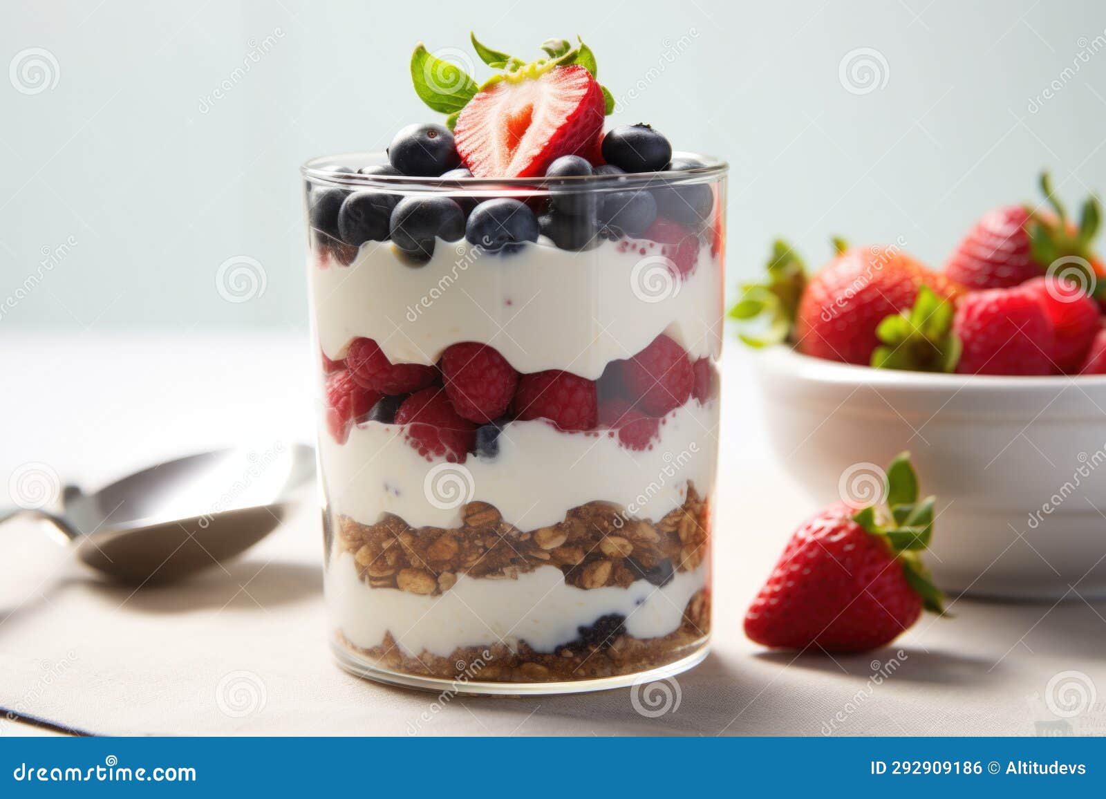 Greek Yogurt Parfait Layered with Quinoa and Berries Stock Photo