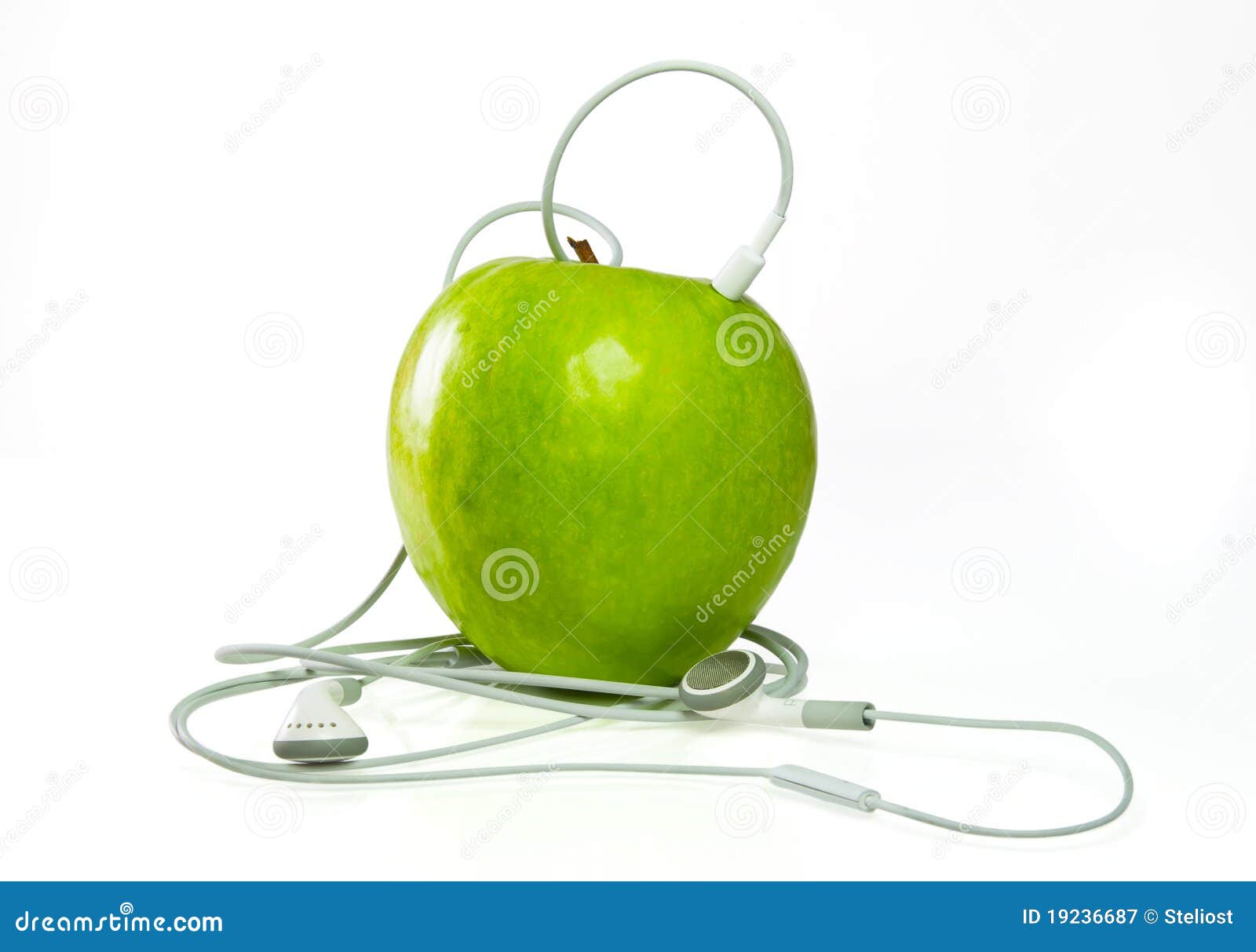 A Green Apple with Headphones Stock Image Image of life, background