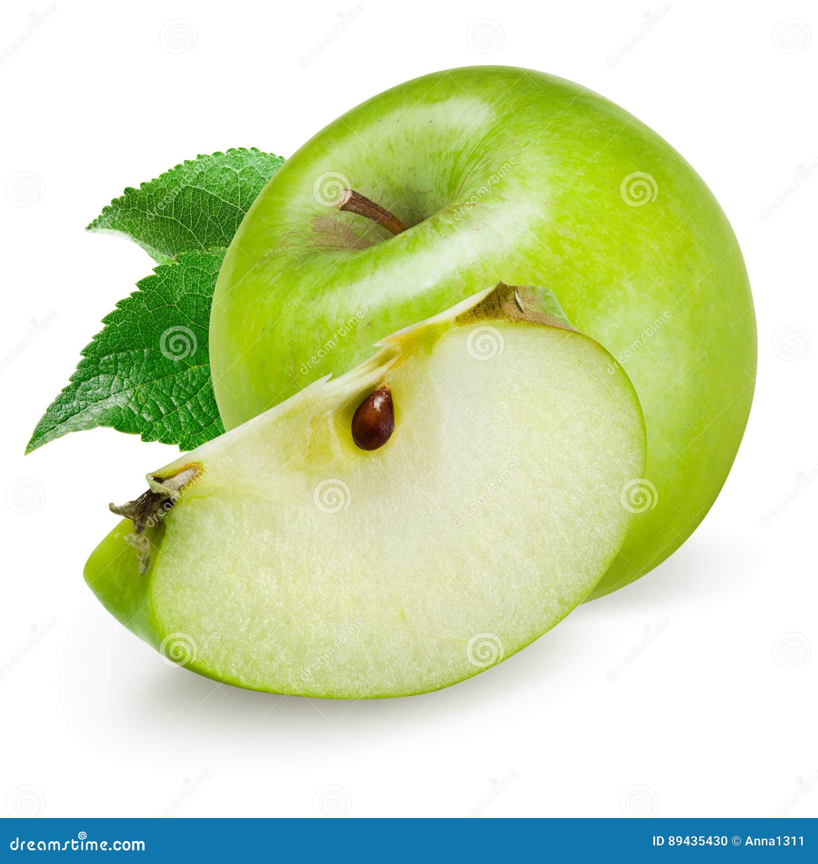 One ripe yellow apple fruit with green leaf isolated on white