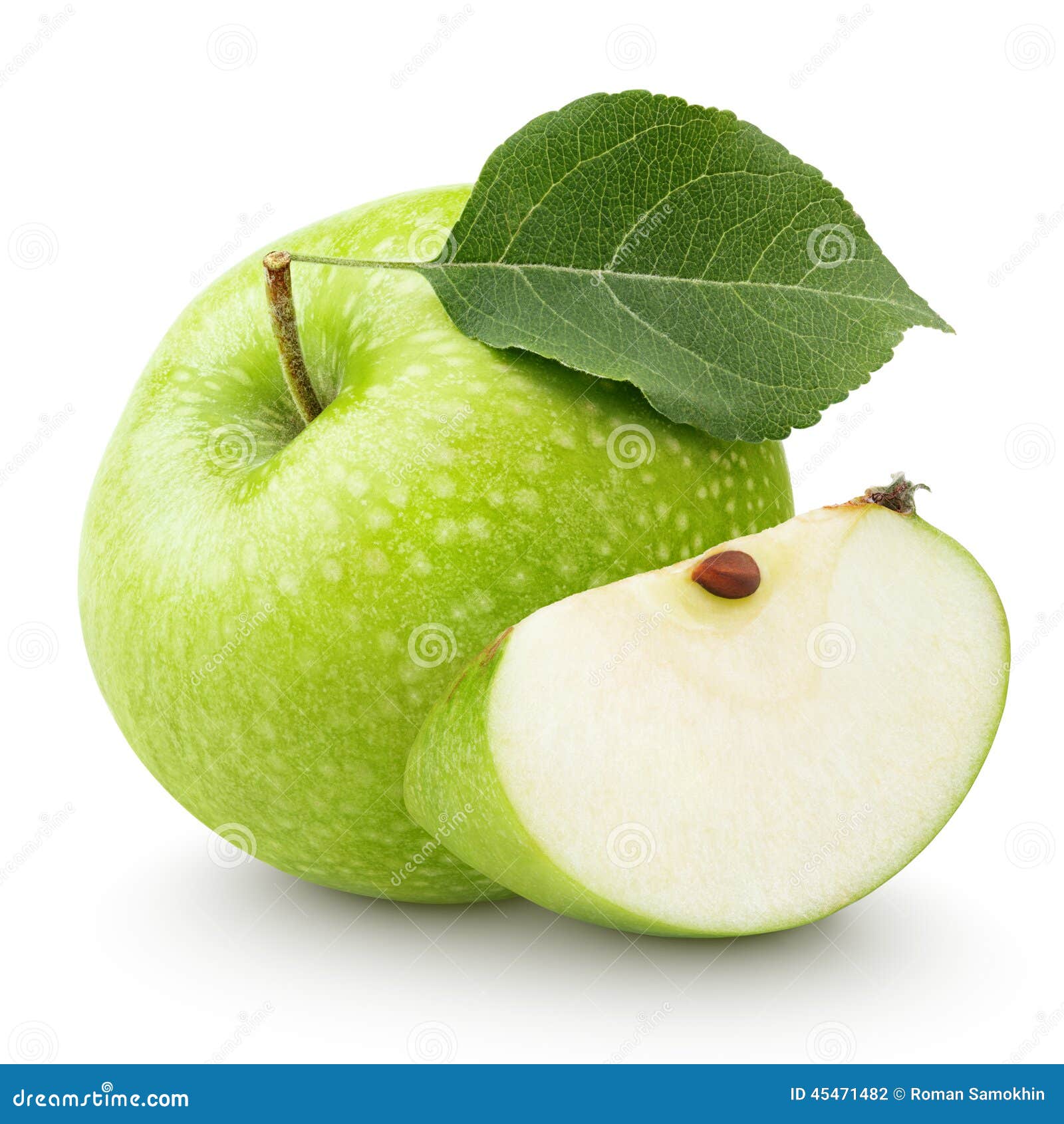 green apple with leaf and slice  on a white
