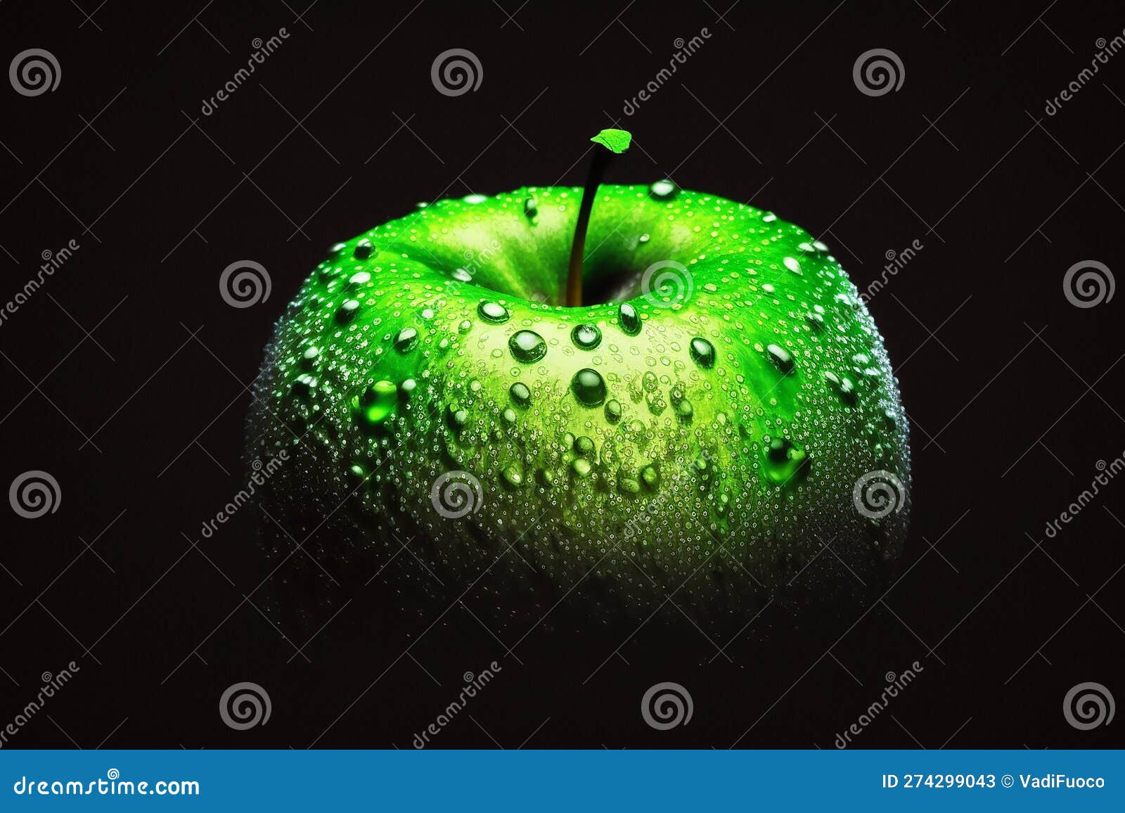 Green Apple with Water Droplets, Studio Light, Black Background Stock Illustration