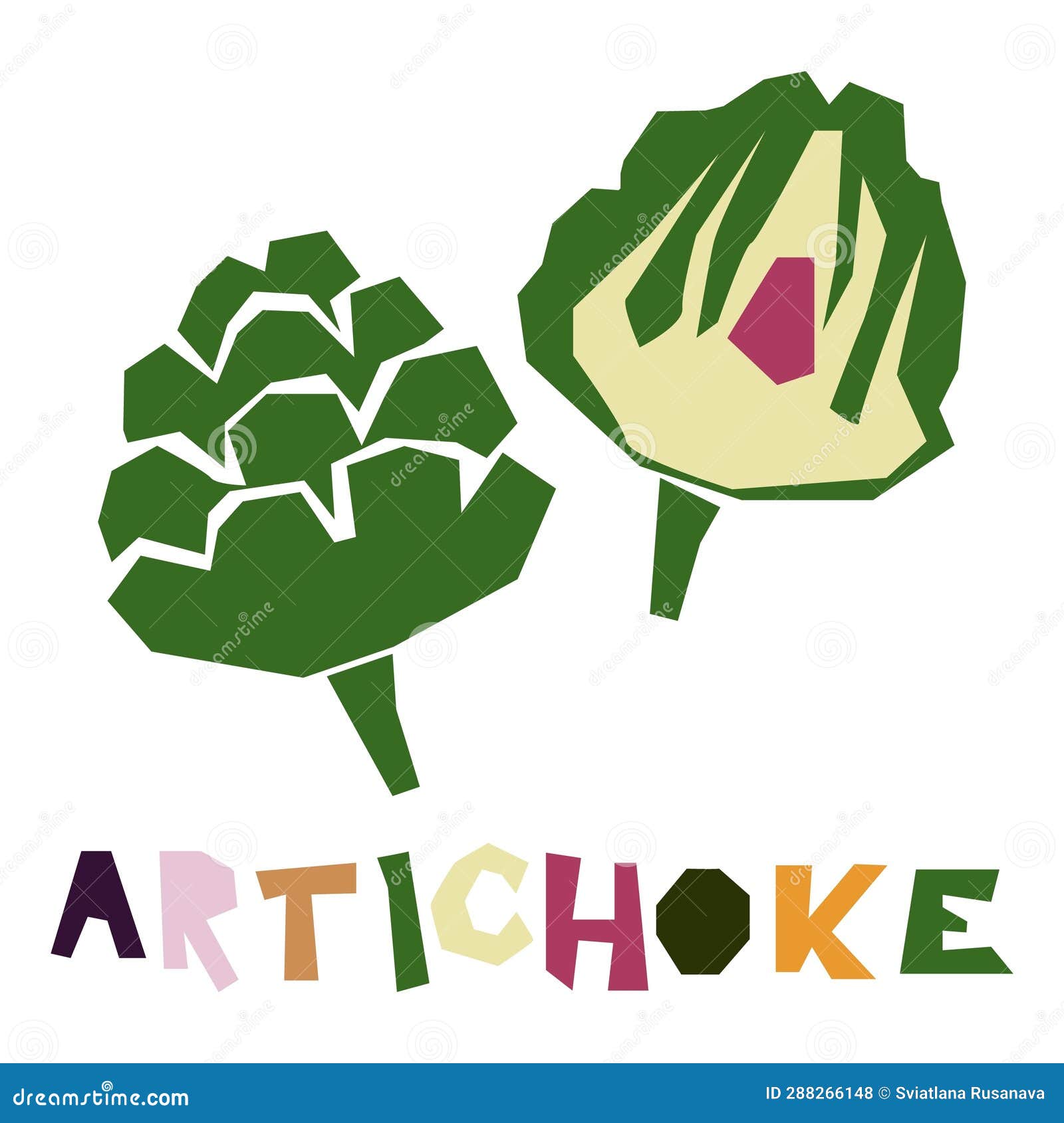 the green artichoke, whole and in section, is highlighted on a white background. the original signature is an