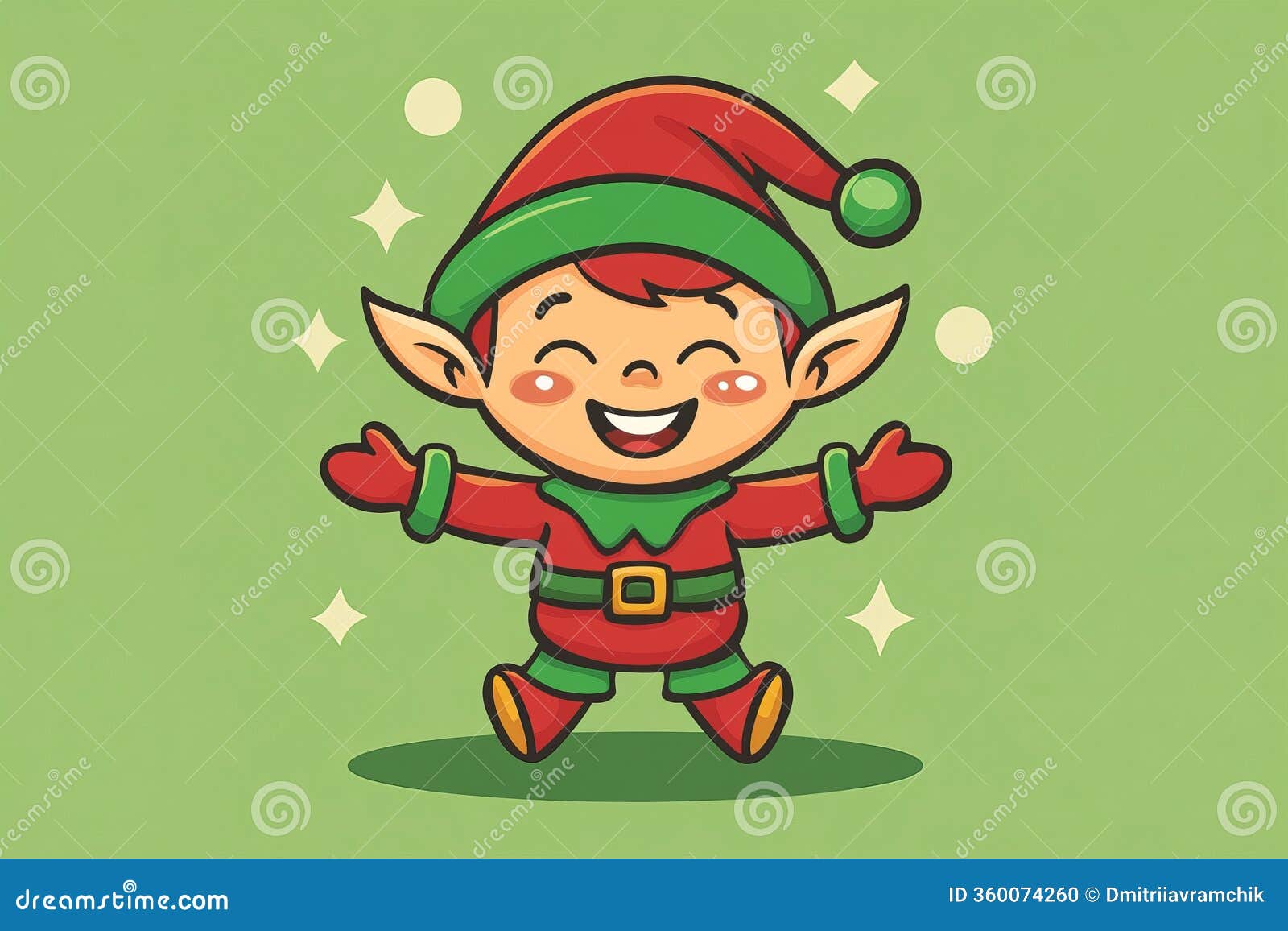 on a green background, a cheerful cartoon elf smiles, creating a festive and joyful holiday scene.