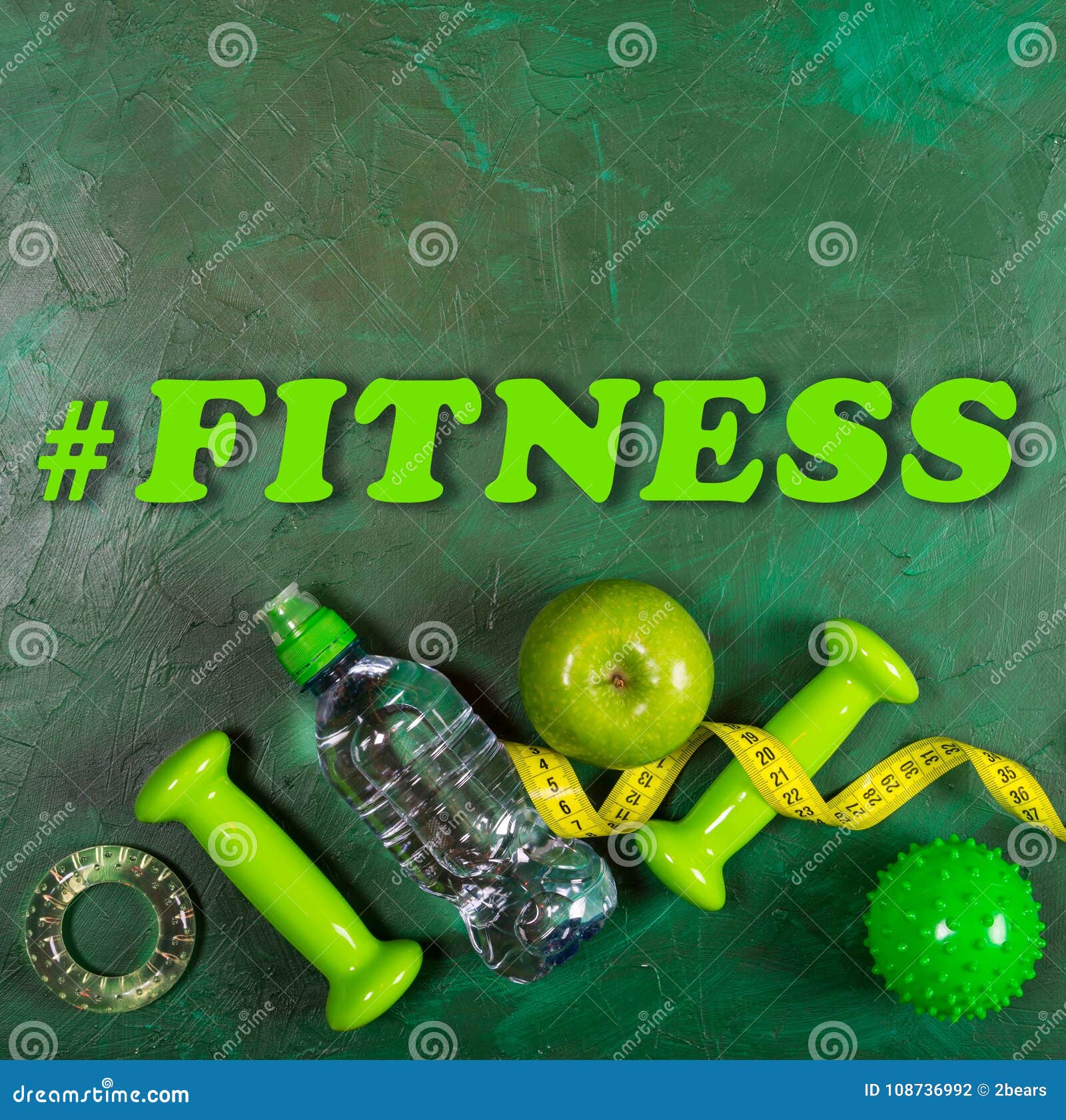 Green Background with a Hashtag Fitness. Dumbbell, Apple, Water