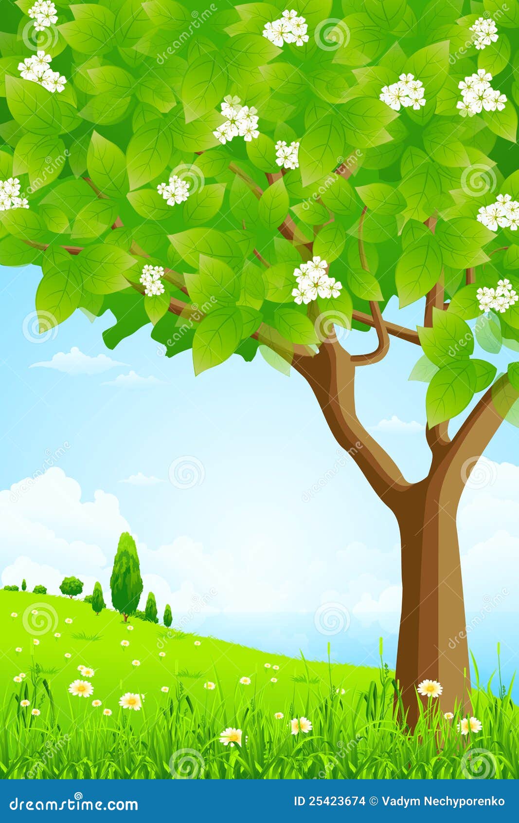 Green Background with Trees and Sea Stock Vector Illustration of