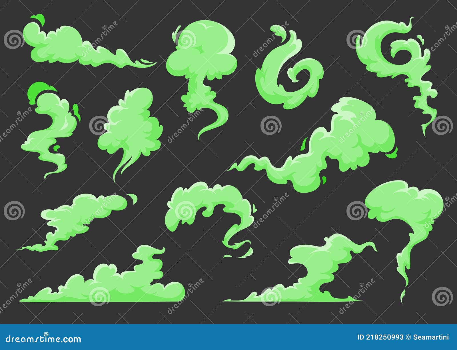 Green Bad Smell Cartoon Clouds, Stink, Odor, Smoke Stock Vector