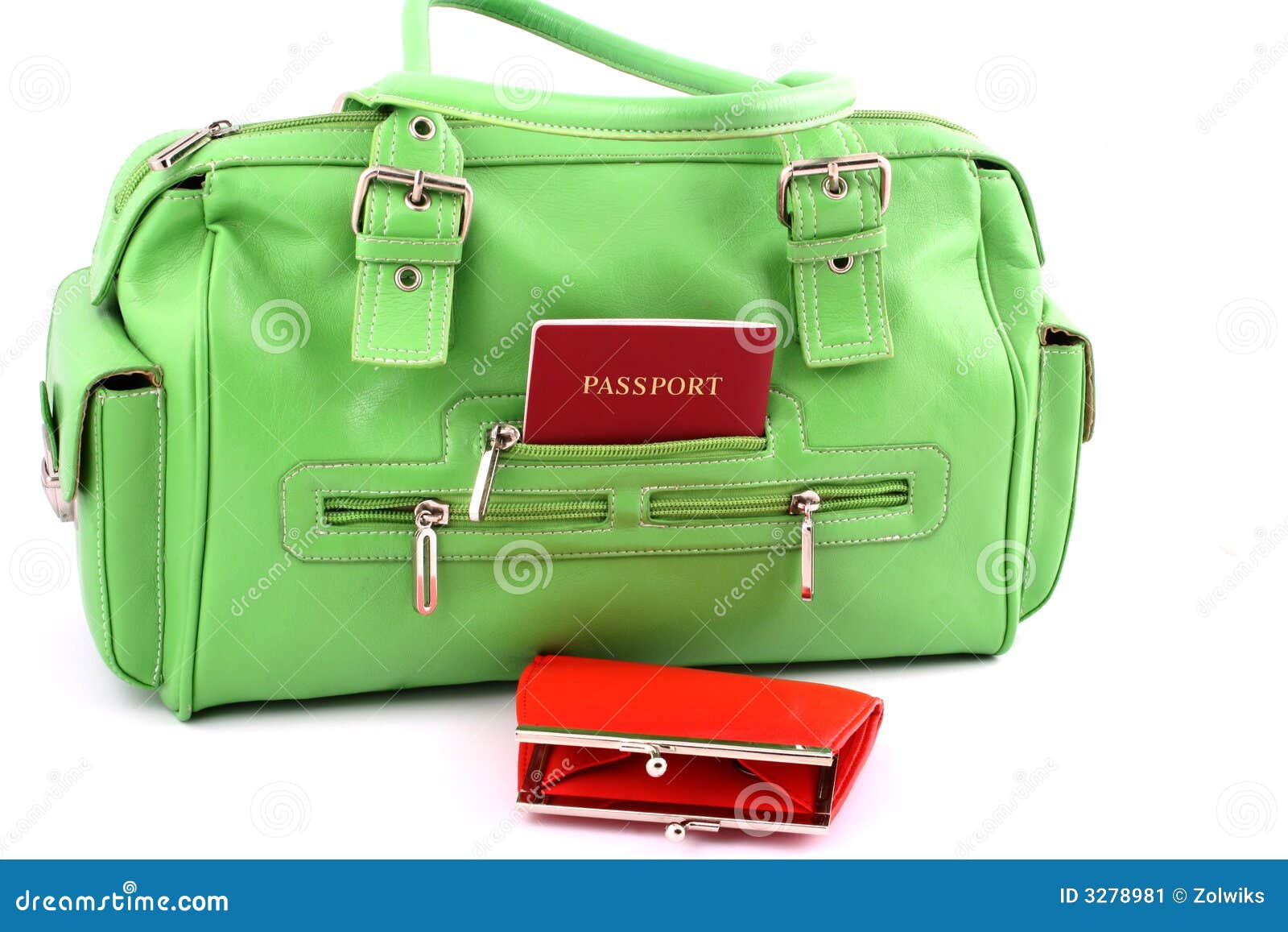 Green bag and red wallet stock image. Image of handle 3278981