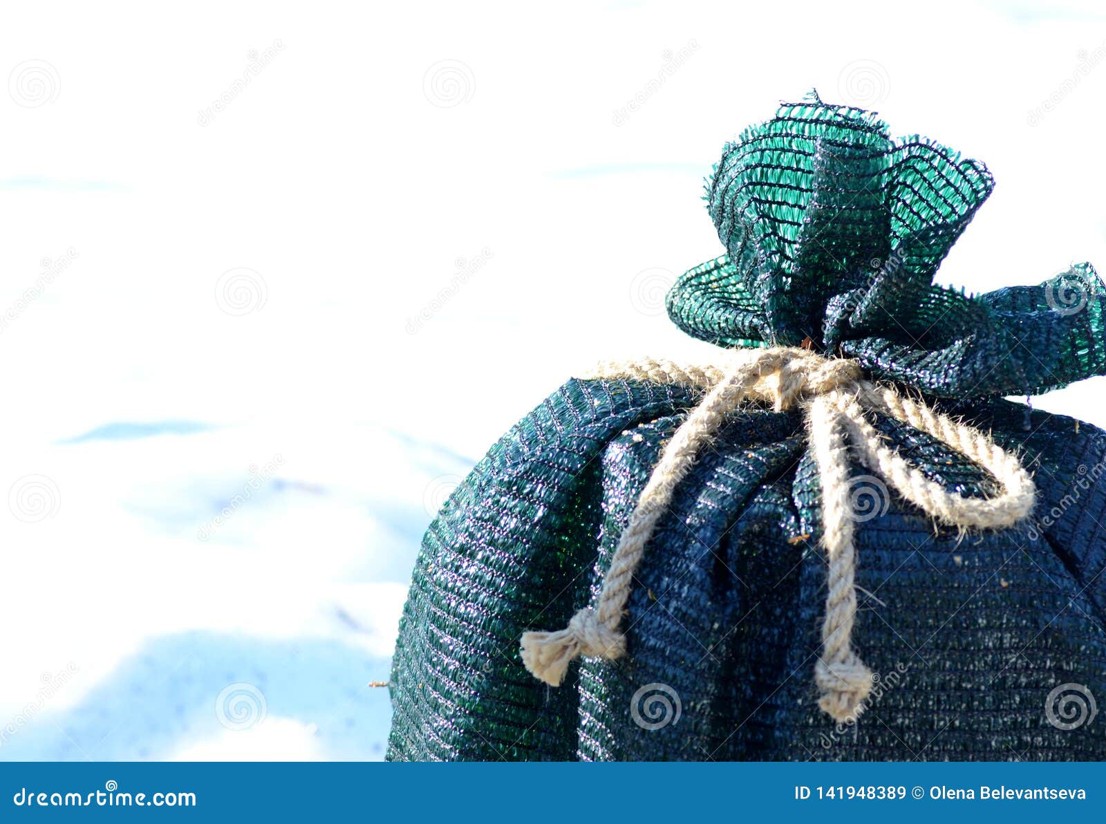 Green Bag Tied with Coarse Linen Rope, Free Space for Text Stock Image ...