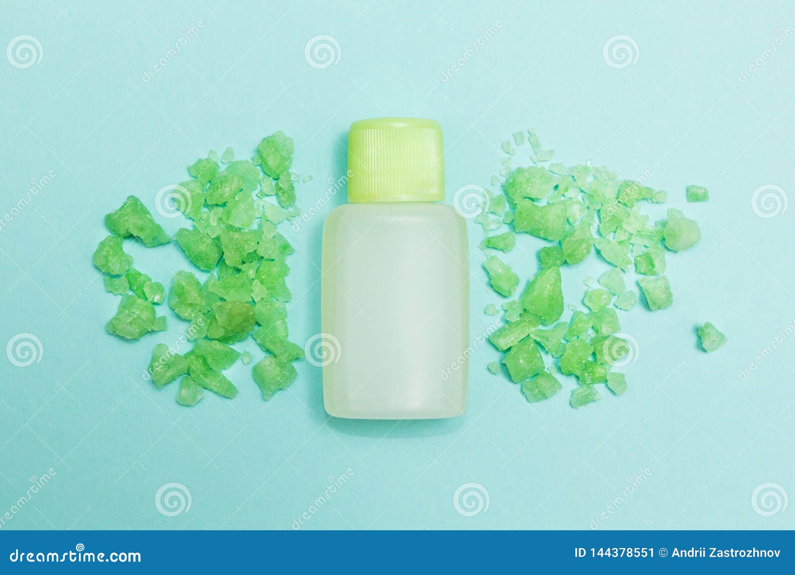Green Bath Salt and Aromatic Oil on a Blue Background Stock Image Image of green, essence